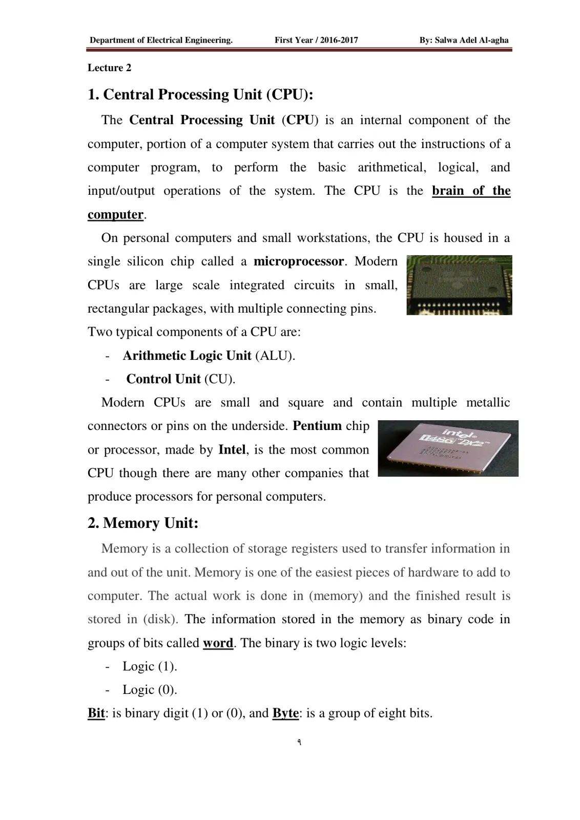 غلاف تقرير Central Processing Unit (CPU)