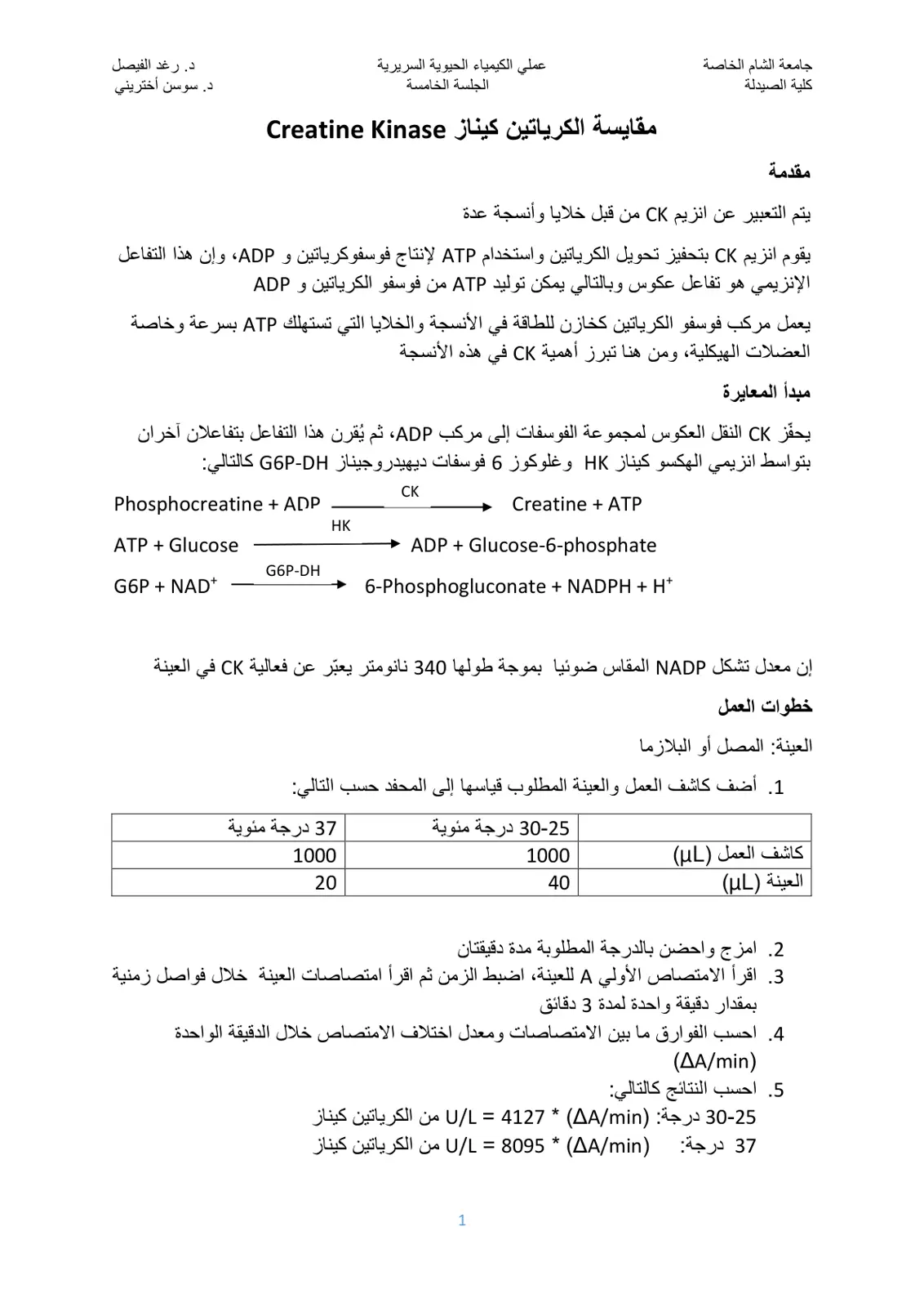 غلاف تقرير مقدمة عملي الكيمياء الحيوية السريرية - الجلسة الخامسة - مقايسة الكرياتين كيناز Creatine Kinase
