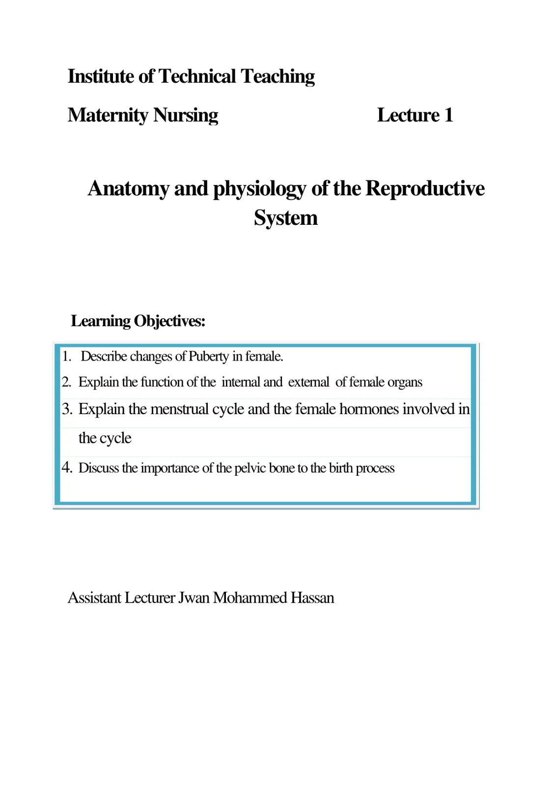 غلاف تقرير Anatomy and physiology of the Reproductive System