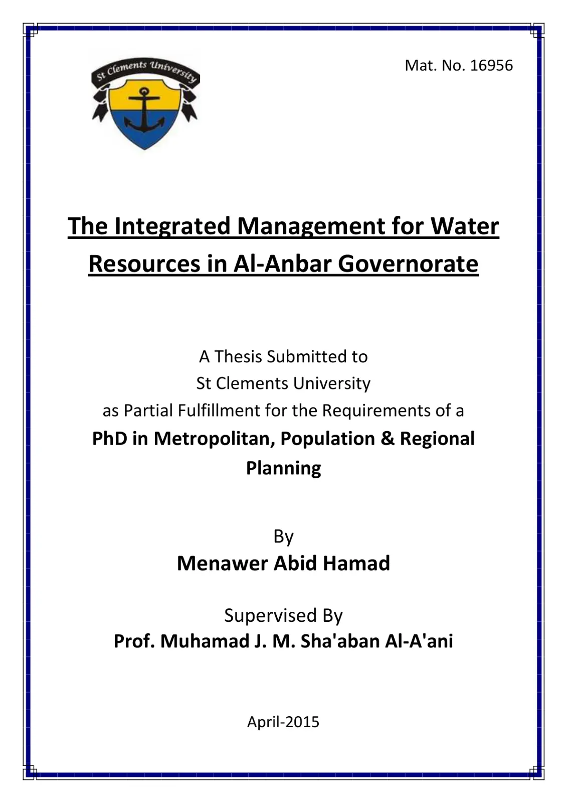 غلاف تقرير The Integrated Management for Water Resources in Al-Anbar Governorate