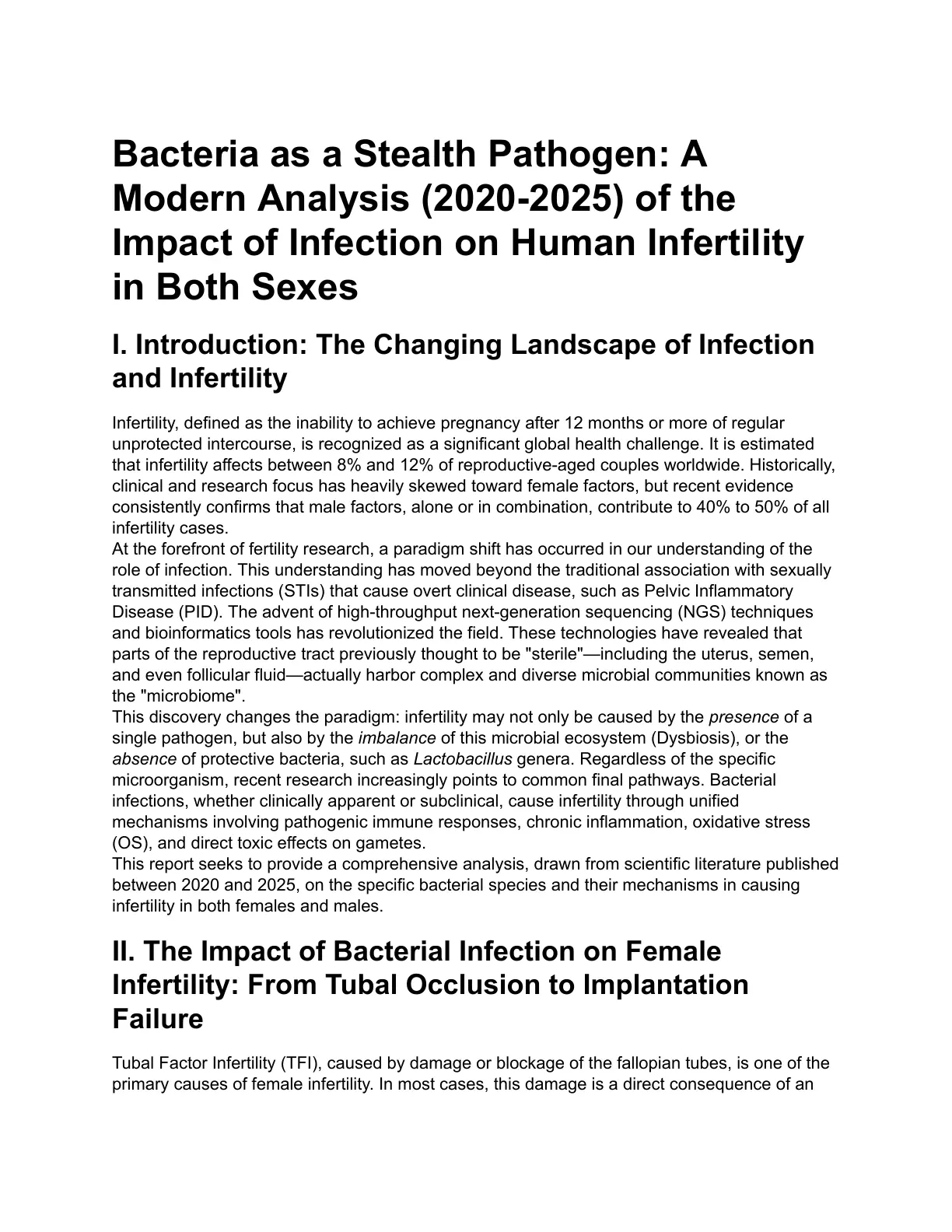 غلاف تقرير Bacteria as a Stealth Pathogen: A Modern Analysis of the Impact of Infection on Human Infertility in Both Sexes
