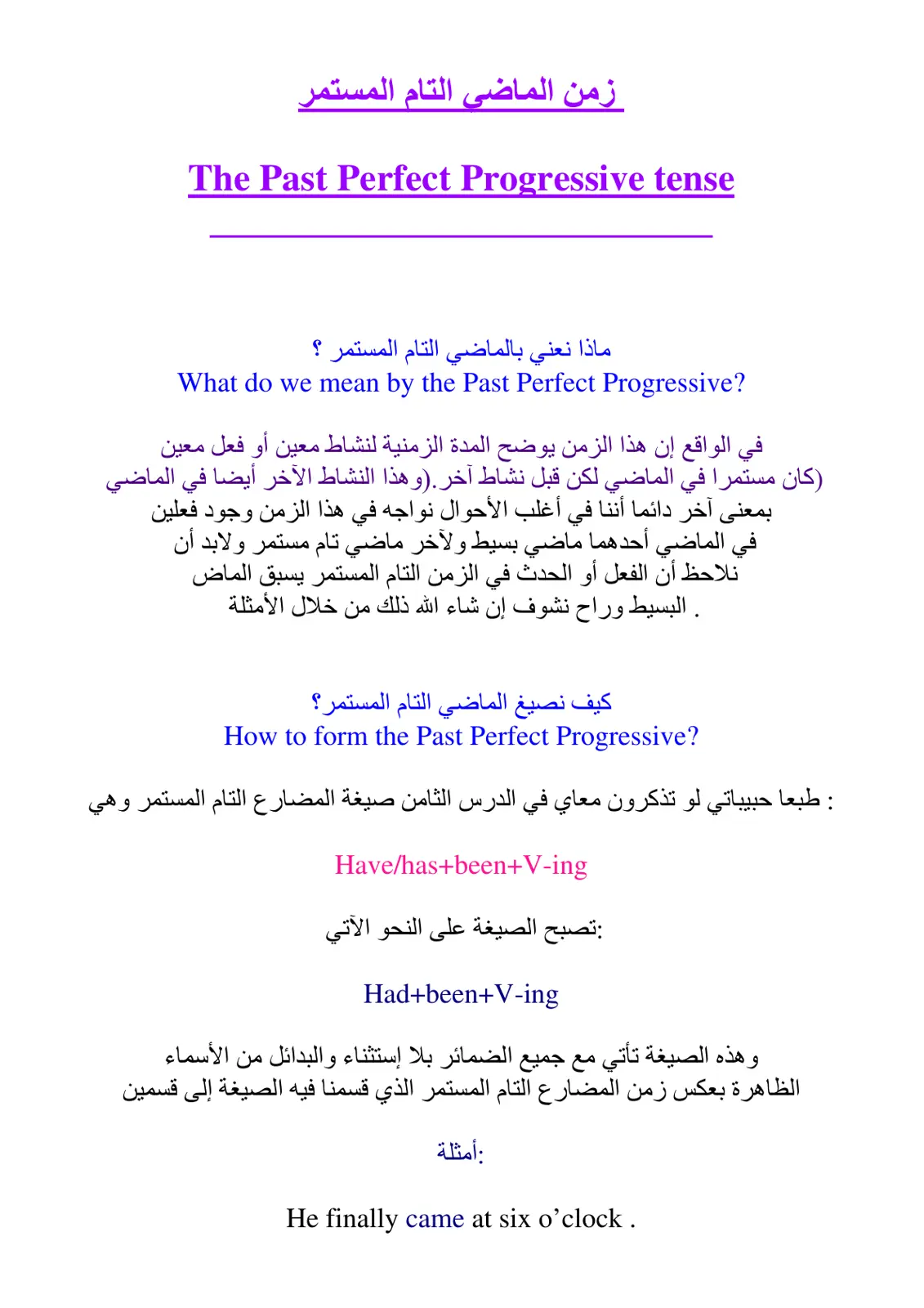 غلاف تقرير زمن الماضي التام المستمر The Past Perfect Progressive tense