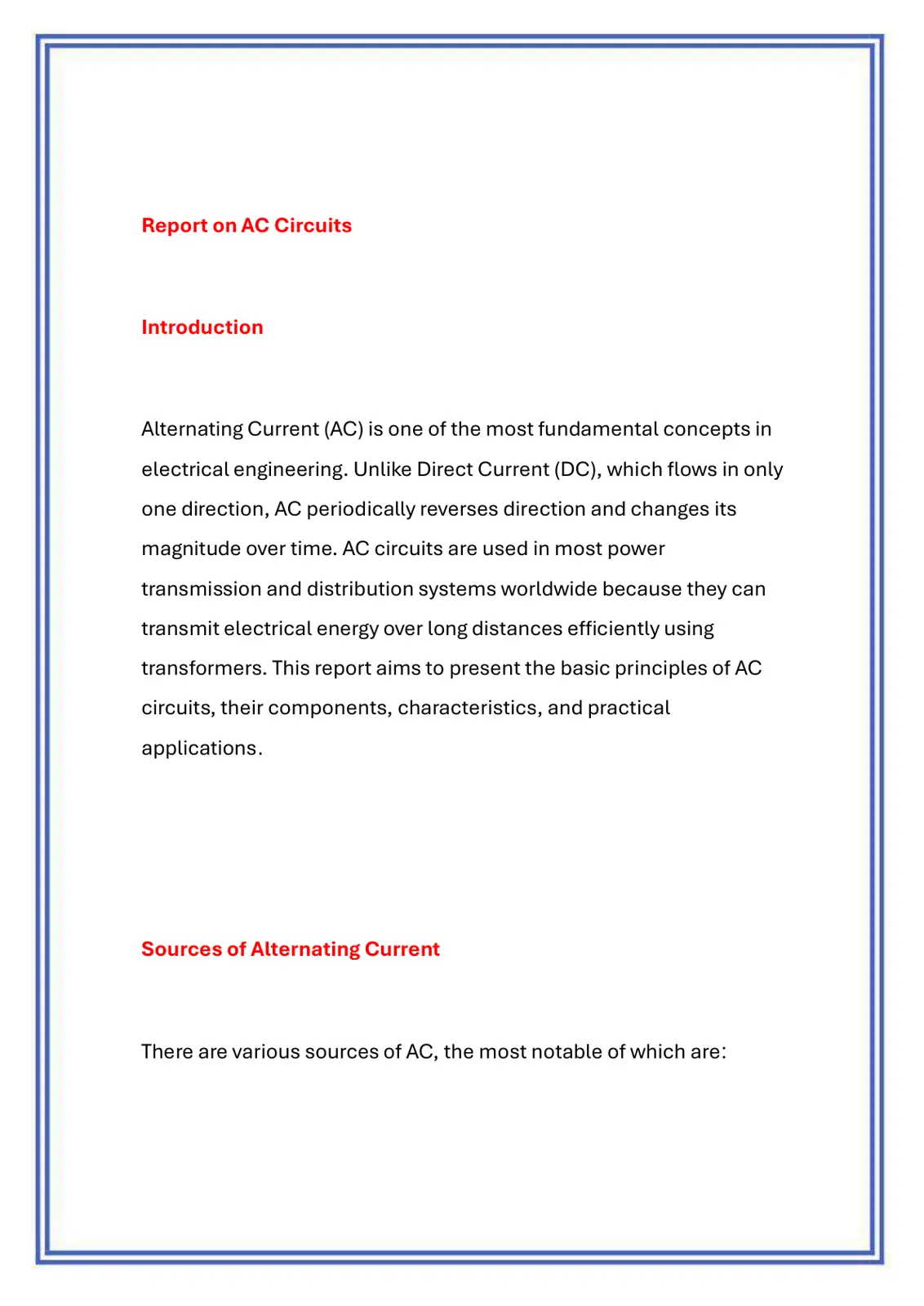 غلاف تقرير Report on AC Circuits