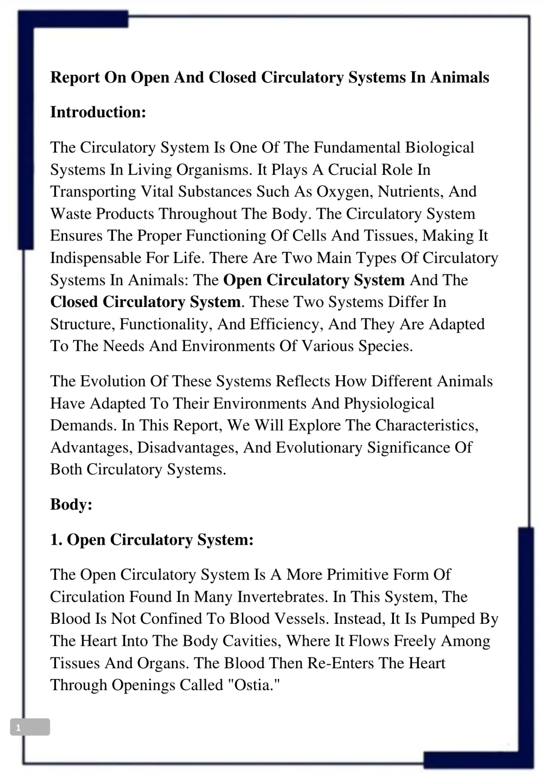 غلاف تقرير Report On Open And Closed Circulatory Systems In Animals