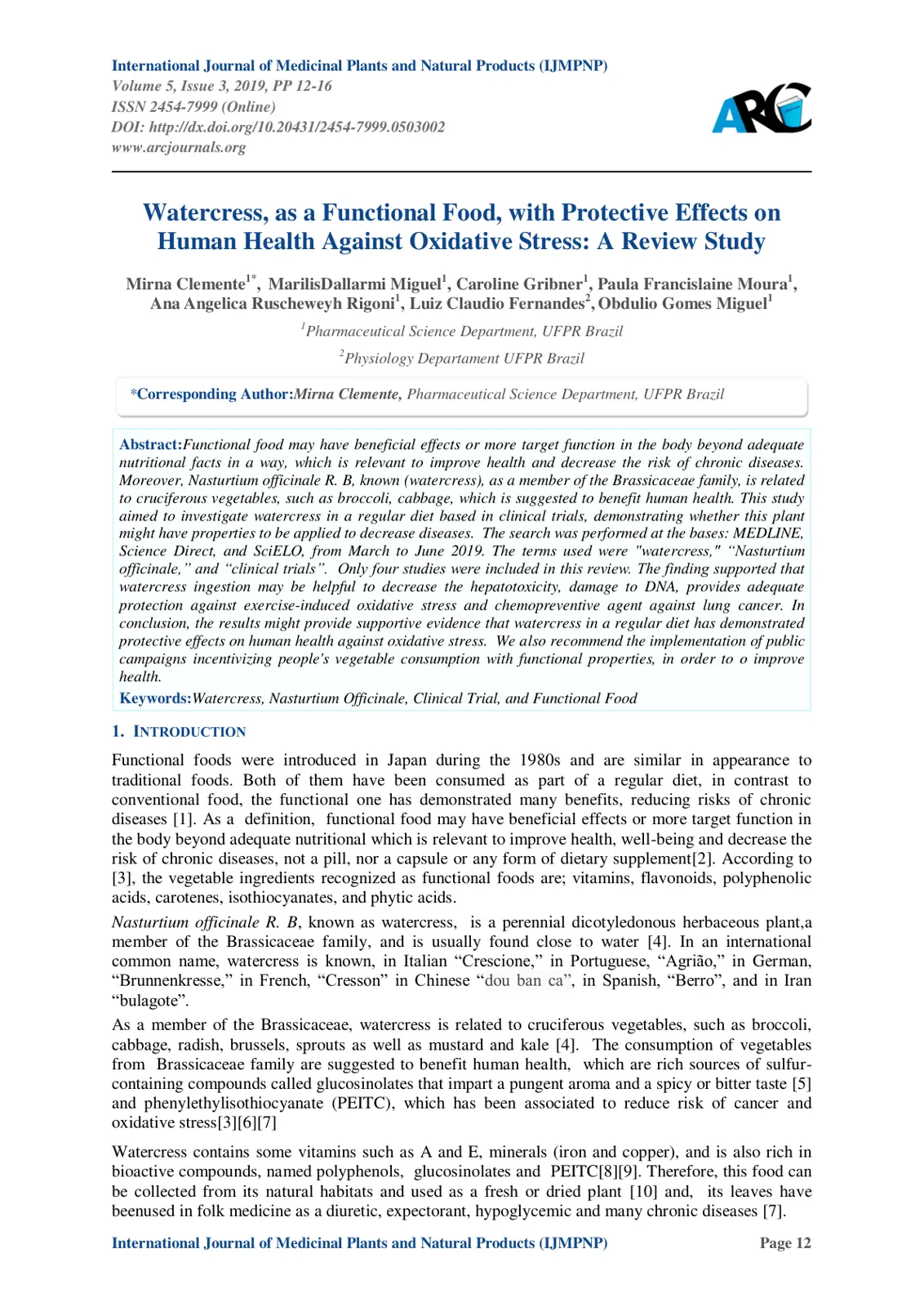 غلاف تقرير Watercress, as a Functional Food, with Protective Effects on Human Health Against Oxidative Stress: A Review Study