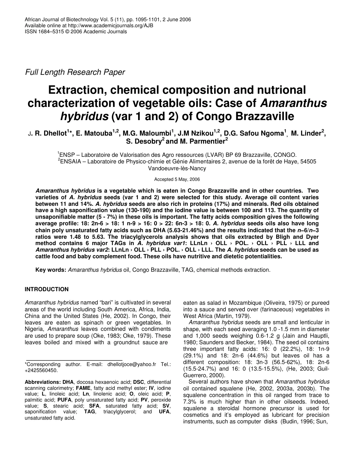 غلاف تقرير Extraction, chemical composition and nutrional characterization of vegetable oils: Case of Amaranthus hybridus (var 1 and 2) of Congo Brazzaville