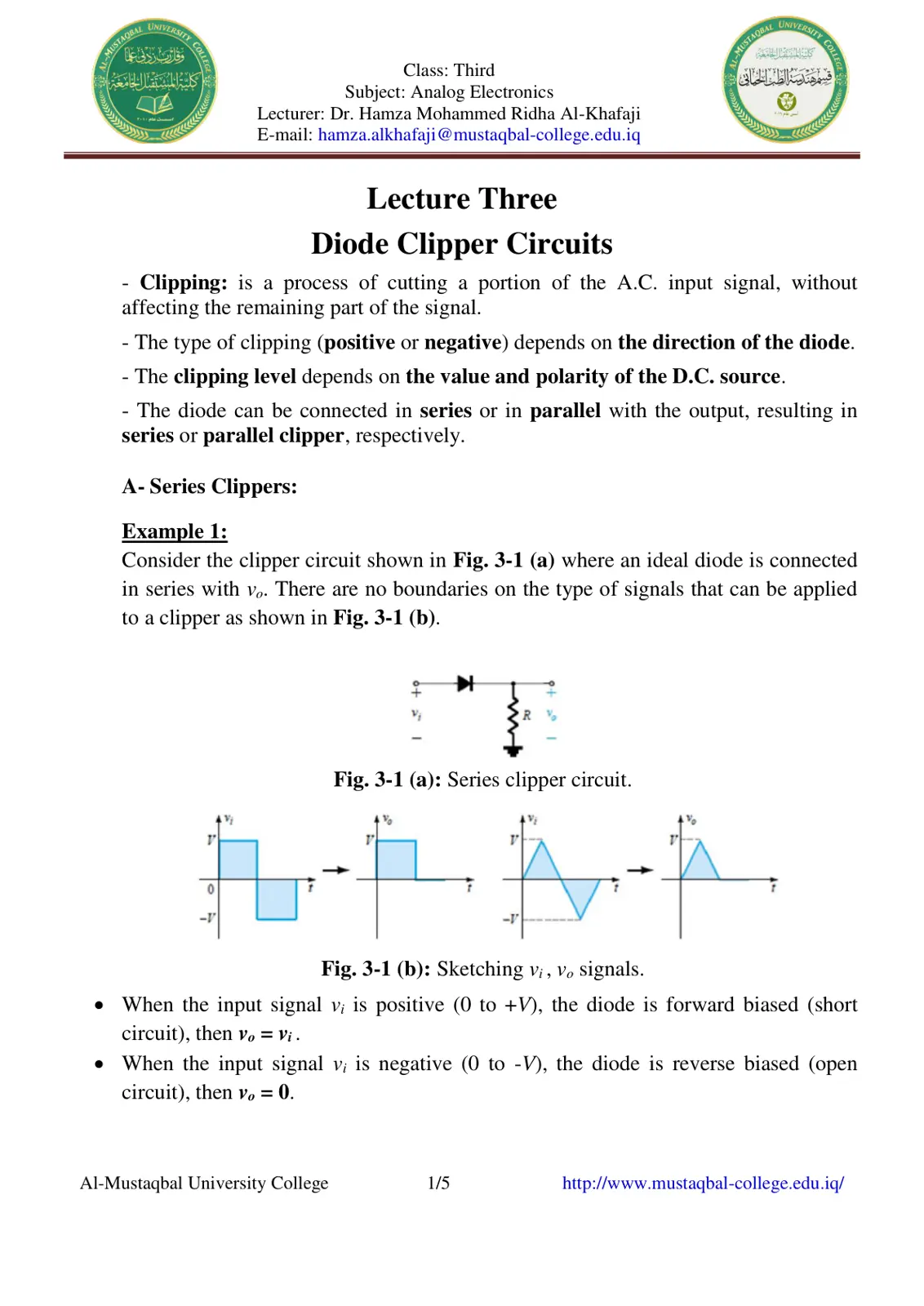 غلاف تقرير Analog Electronics - Lecture Three: Diode Clipper Circuits