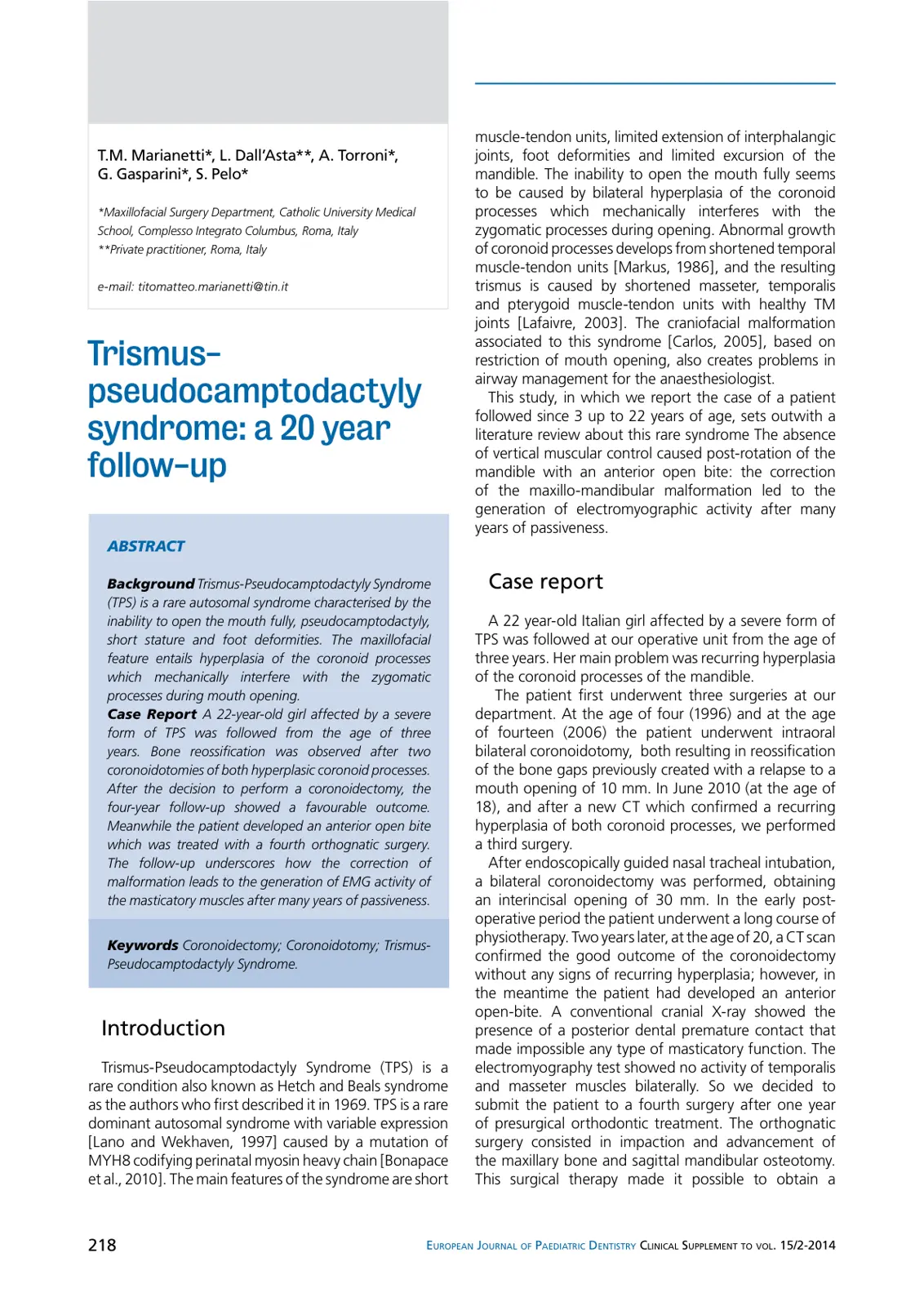 غلاف تقرير Trismus- pseudocamptodactyly syndrome: a 20 year follow-up