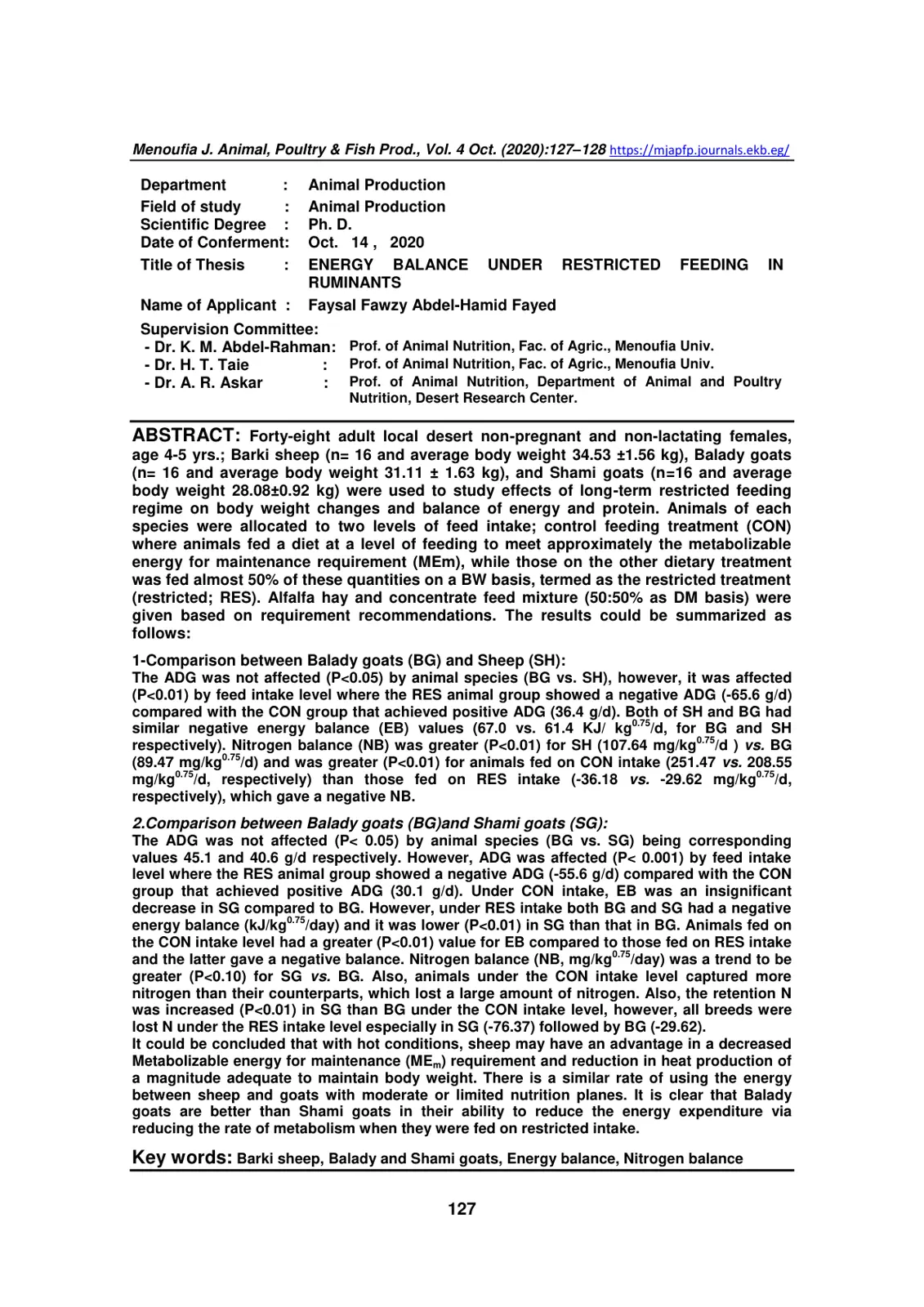 غلاف تقرير ENERGY BALANCE UNDER RESTRICTED FEEDING IN RUMINANTS