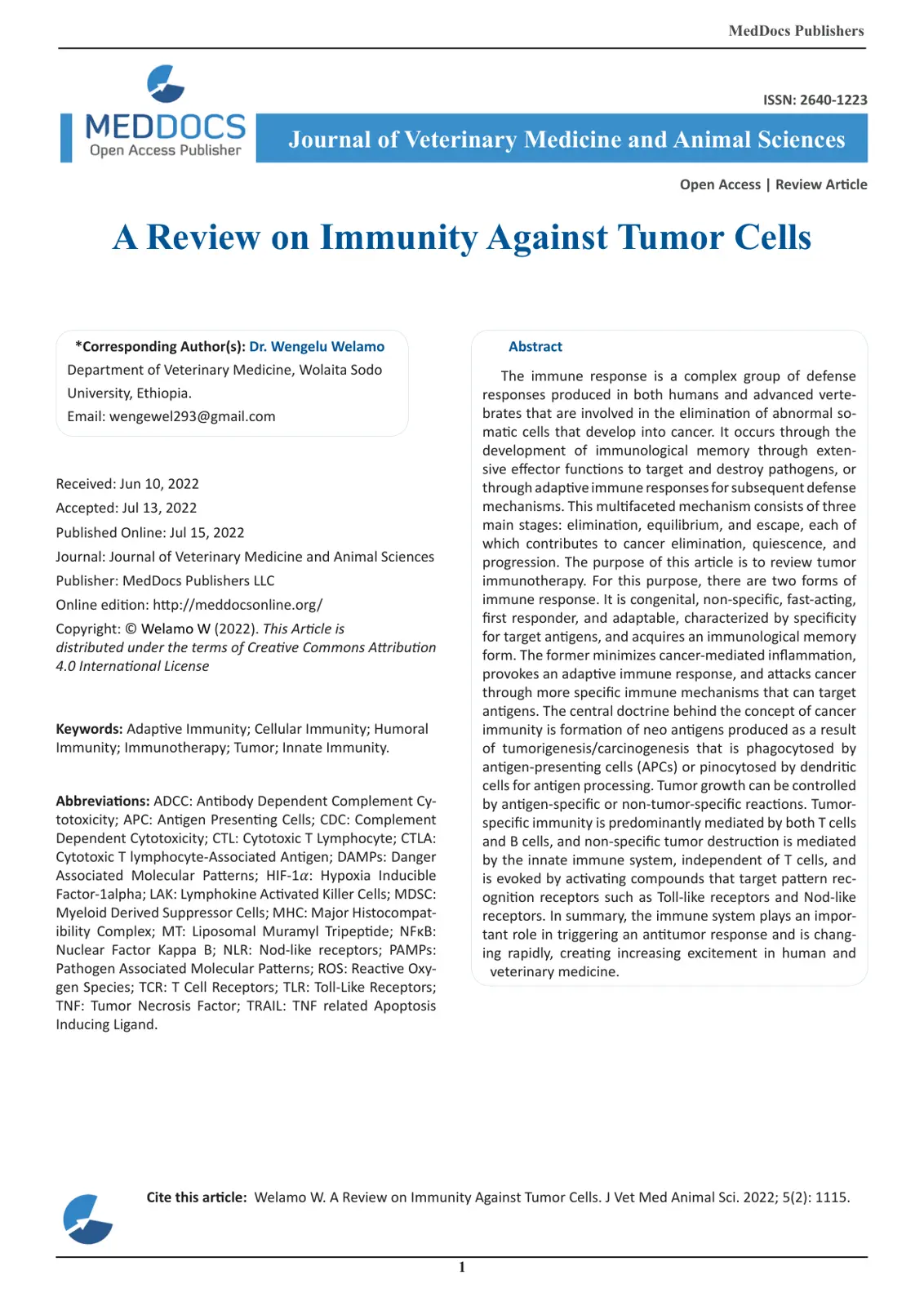 غلاف تقرير A Review on Immunity Against Tumor Cells
