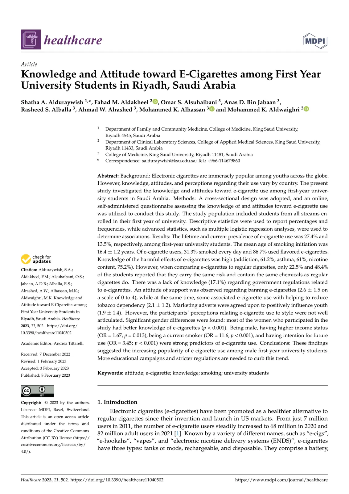 غلاف تقرير Knowledge and Attitude toward E-Cigarettes among First Year University Students in Riyadh, Saudi Arabia