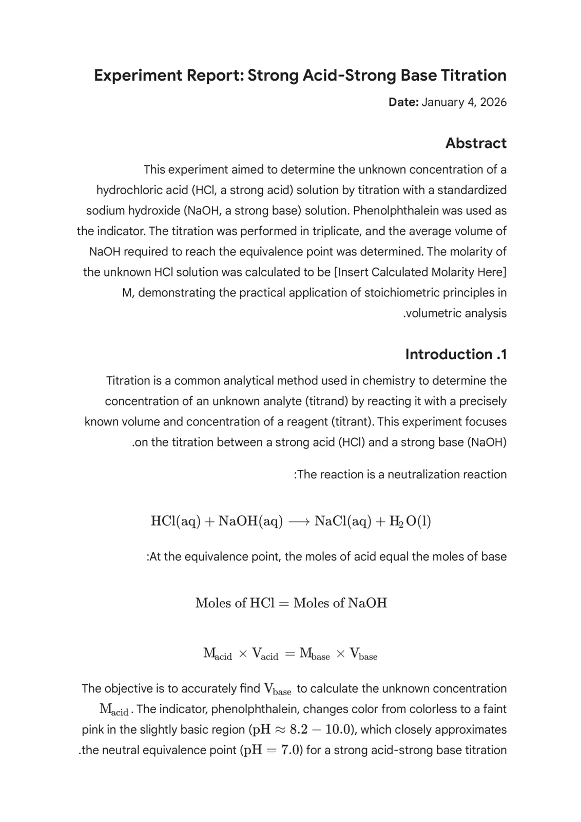 غلاف تقرير Strong Acid-Strong Base Titration Experiment Report