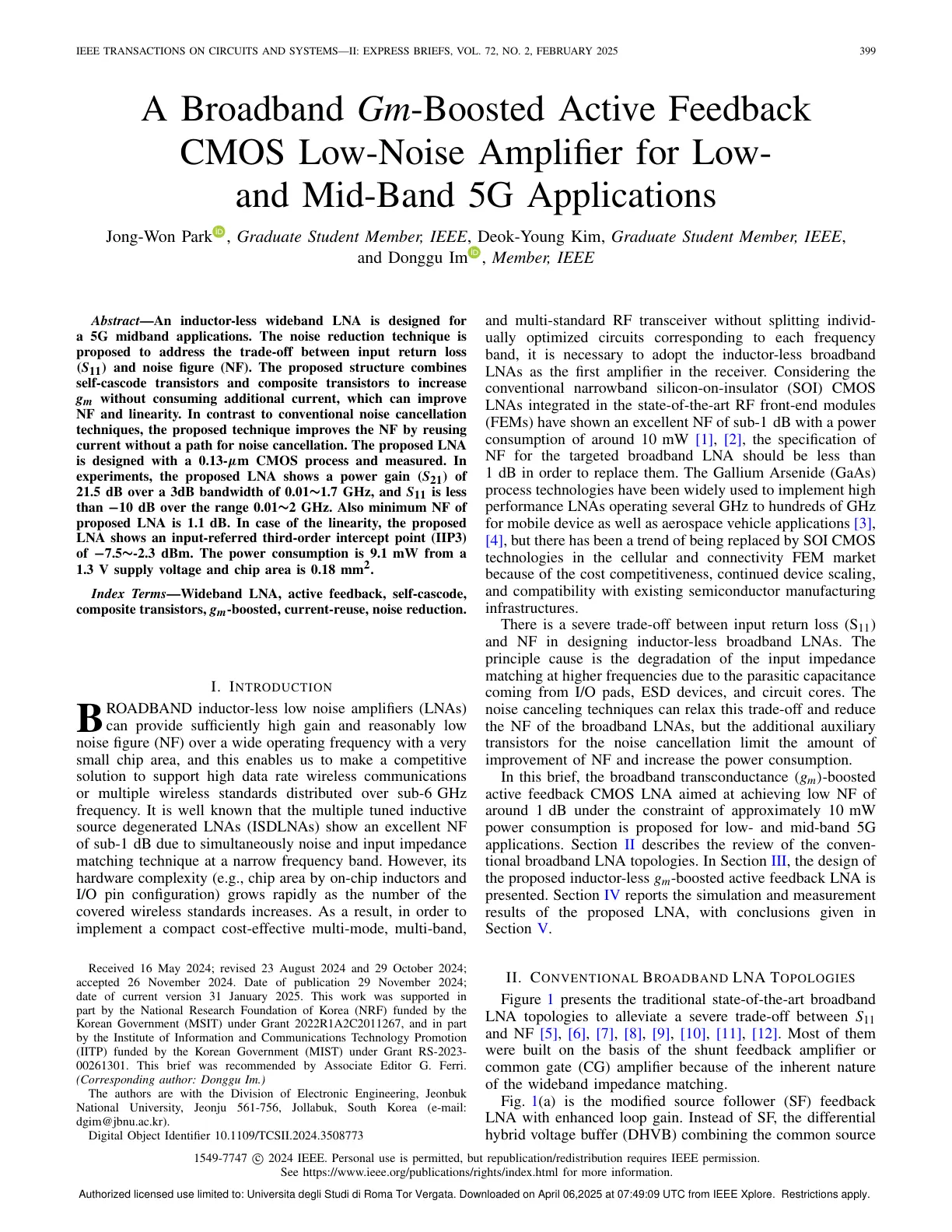 غلاف تقرير A Broadband Gm-Boosted Active Feedback CMOS Low-Noise Amplifier for Low- and Mid-Band 5G Applications