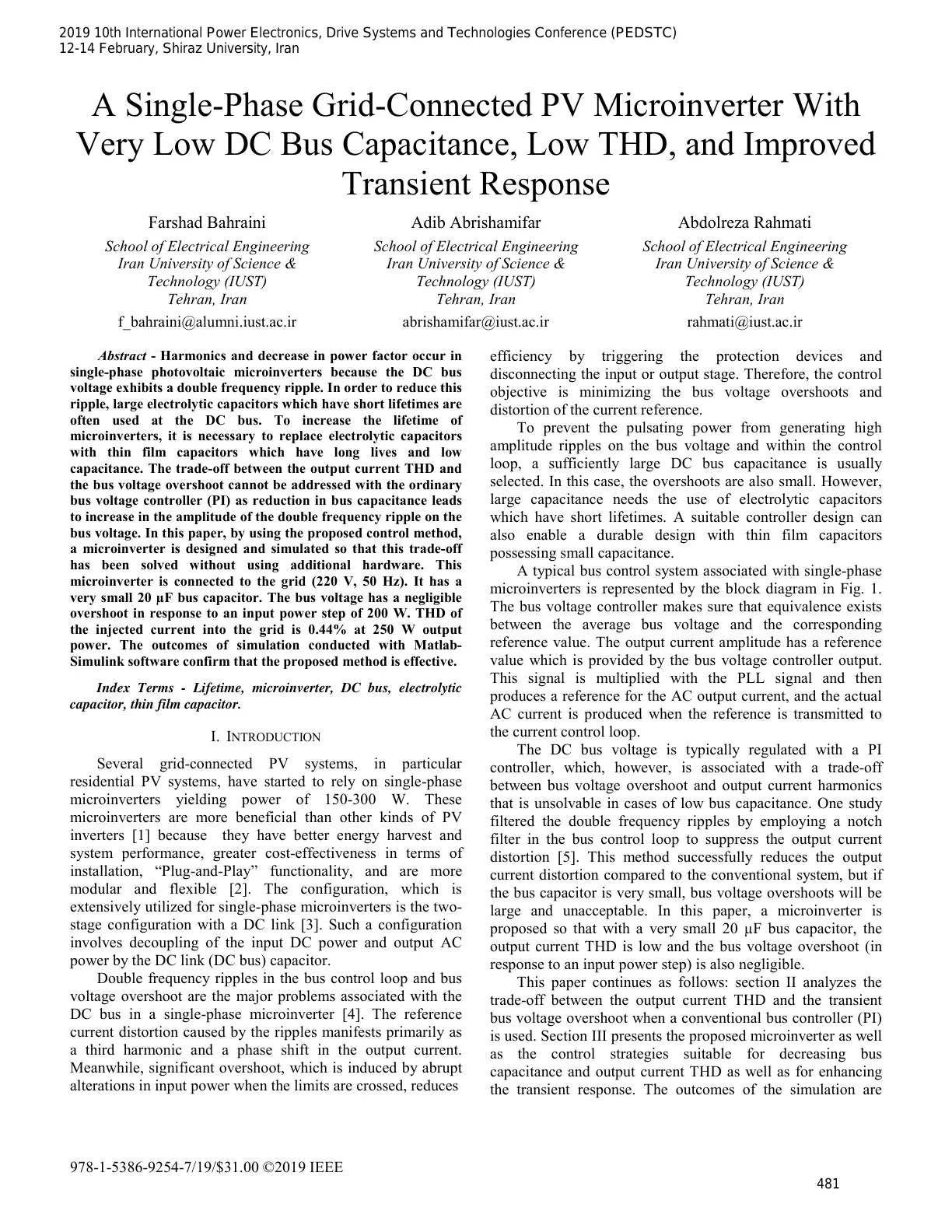غلاف تقرير A Single-Phase Grid-Connected PV Microinverter With Very Low DC Bus Capacitance, Low THD, and Improved Transient Response