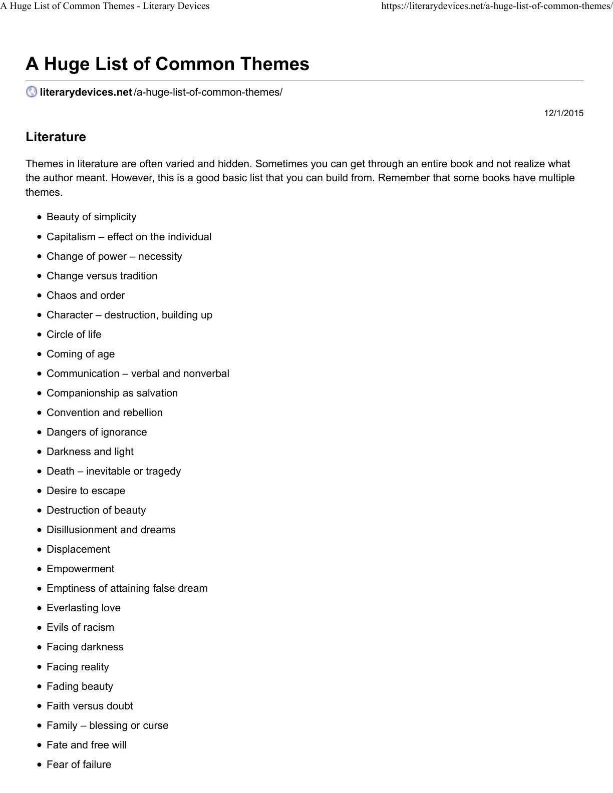غلاف تقرير A Huge List of Common Themes - Literary Devices