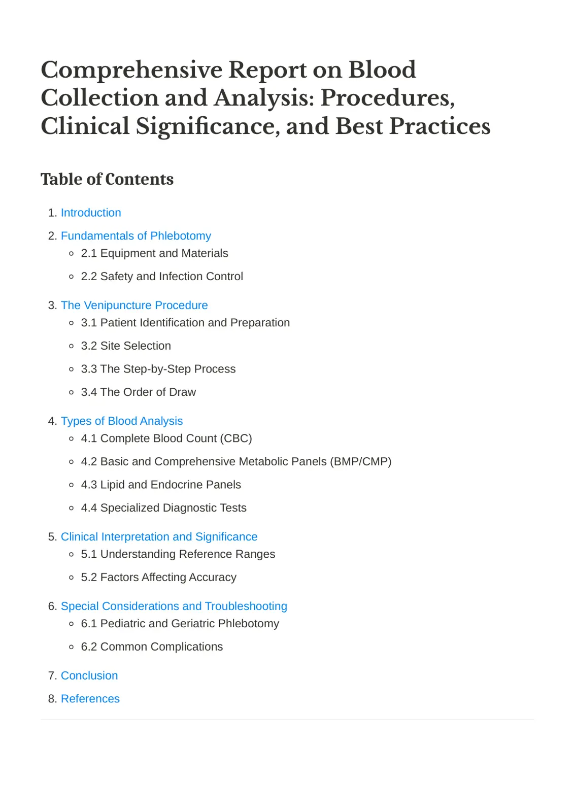 غلاف تقرير Comprehensive Report on Blood Collection and Analysis: Procedures, Clinical Significance, and Best Practices