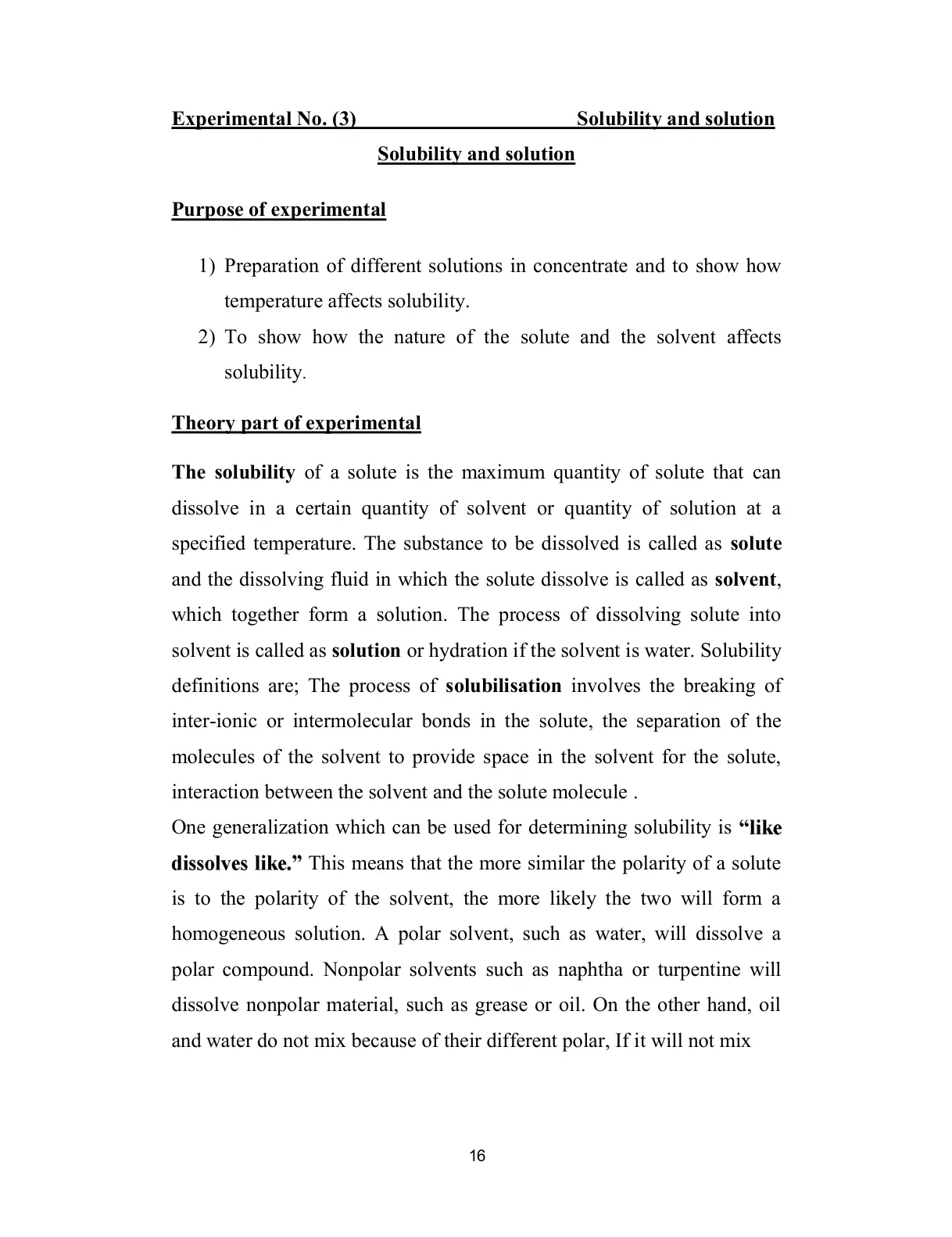 غلاف تقرير Experimental No. (3) Solubility and solution