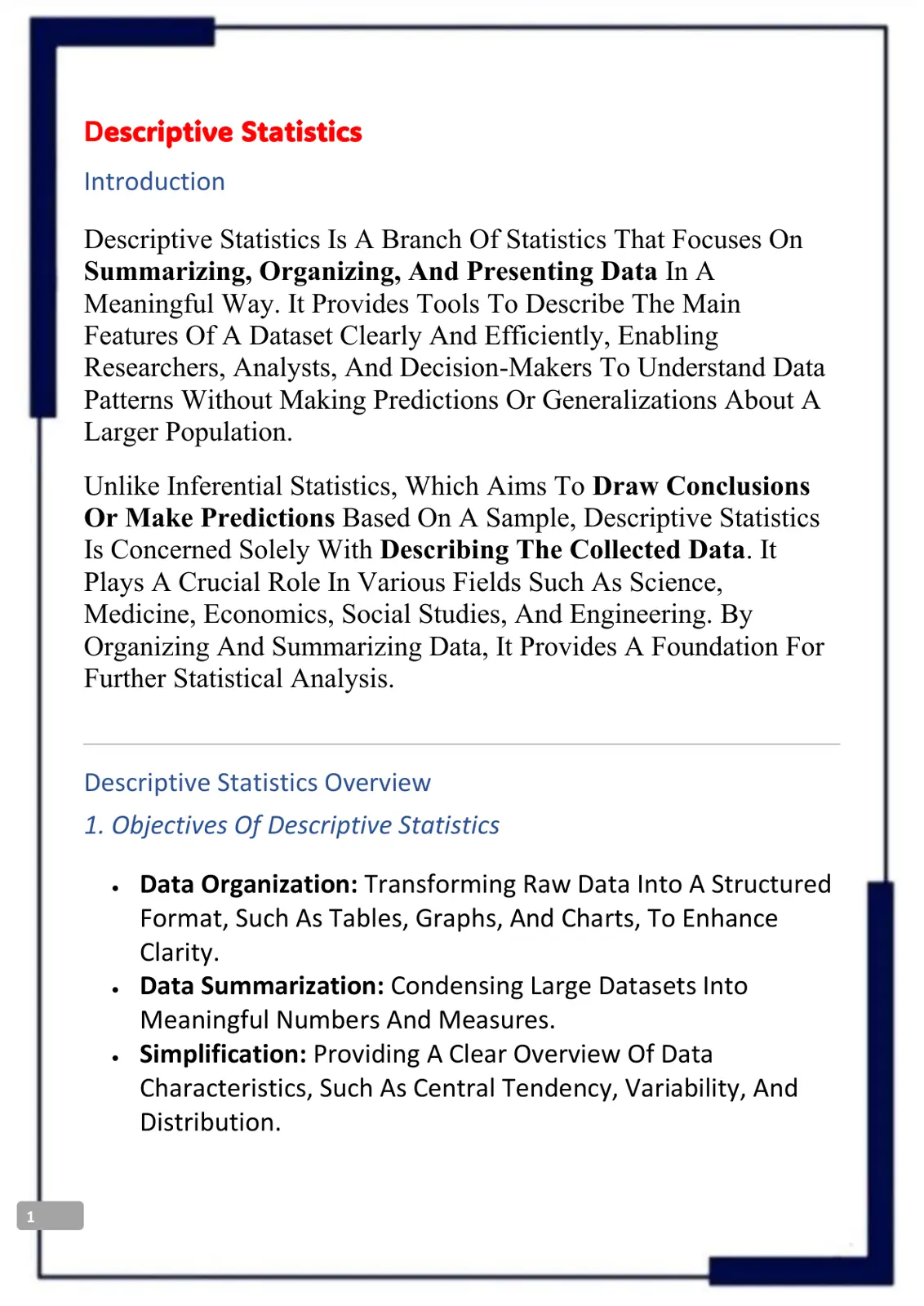غلاف تقرير Descriptive Statistics