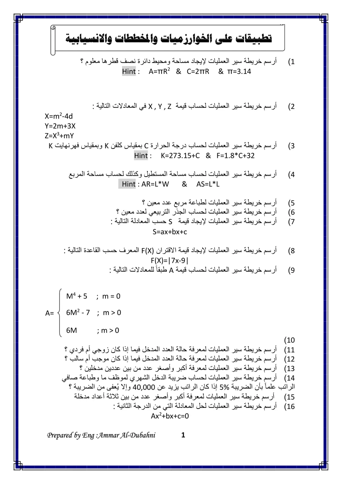 غلاف تقرير تطبيقات على الخوارزميات والمخططات والانسيابية