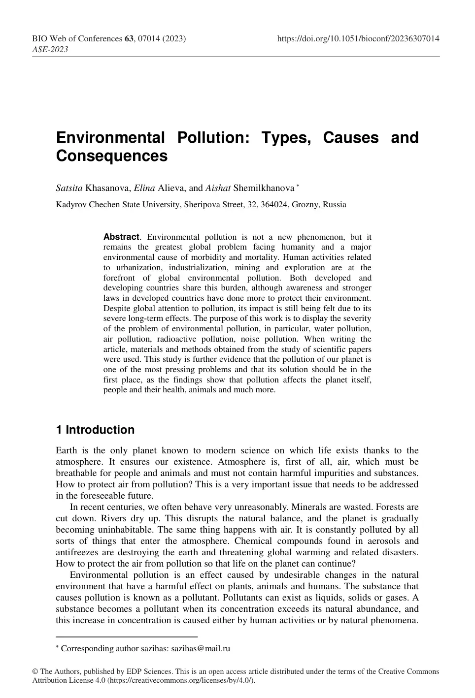 غلاف تقرير Environmental Pollution: Types, Causes and Consequences