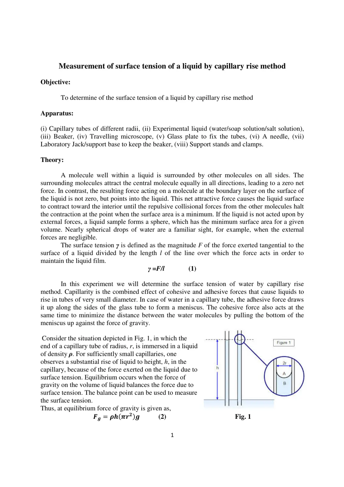 غلاف تقرير Measurement of surface tension of a liquid by capillary rise method