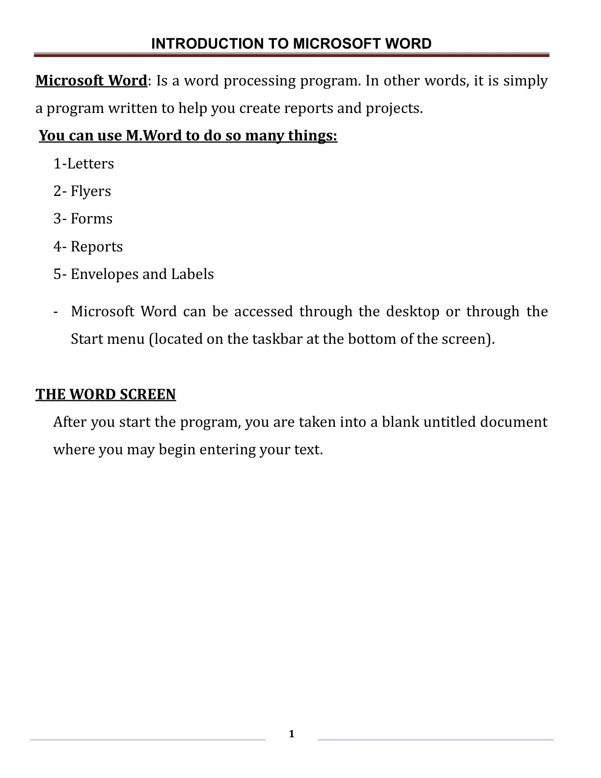 غلاف تقرير Introduction to Microsoft Word