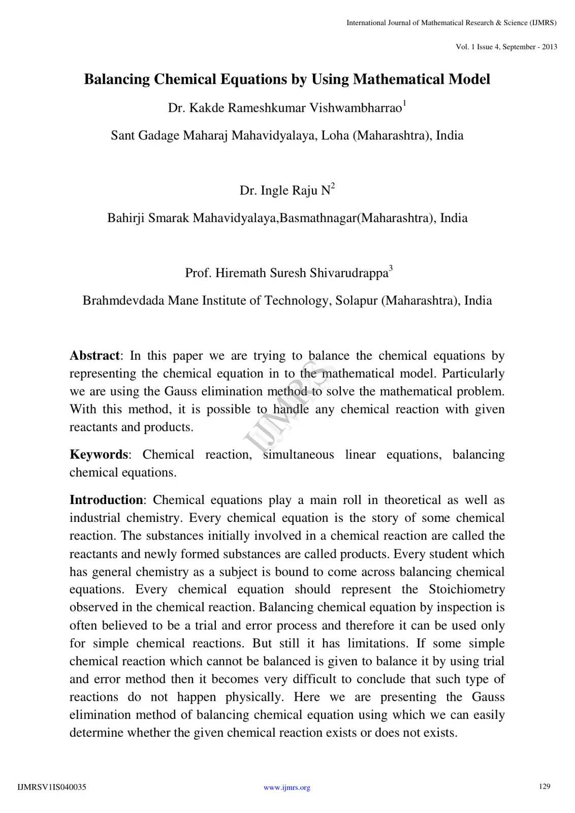 غلاف تقرير Balancing Chemical Equations by Using Mathematical Model