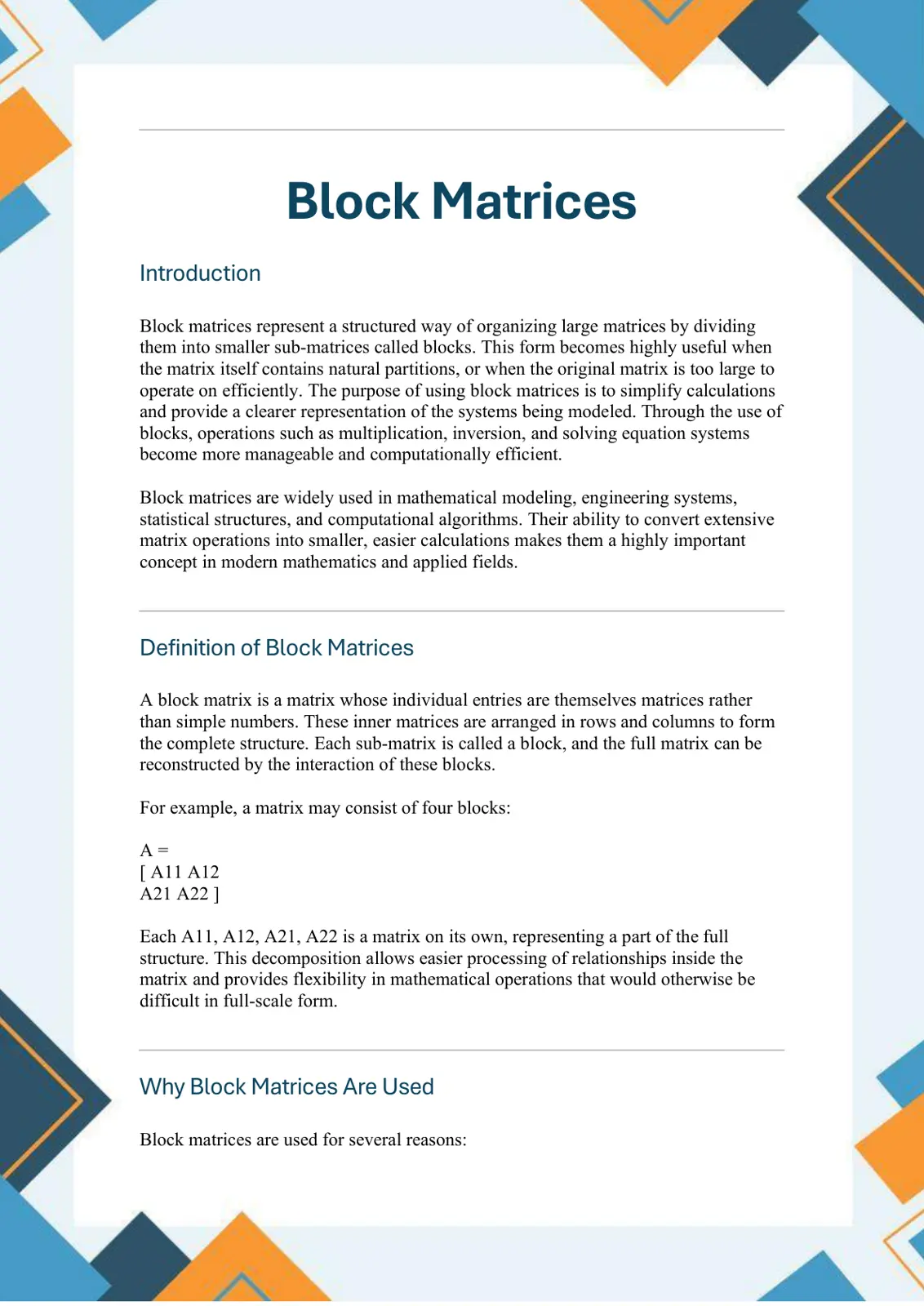 غلاف تقرير Block Matrices