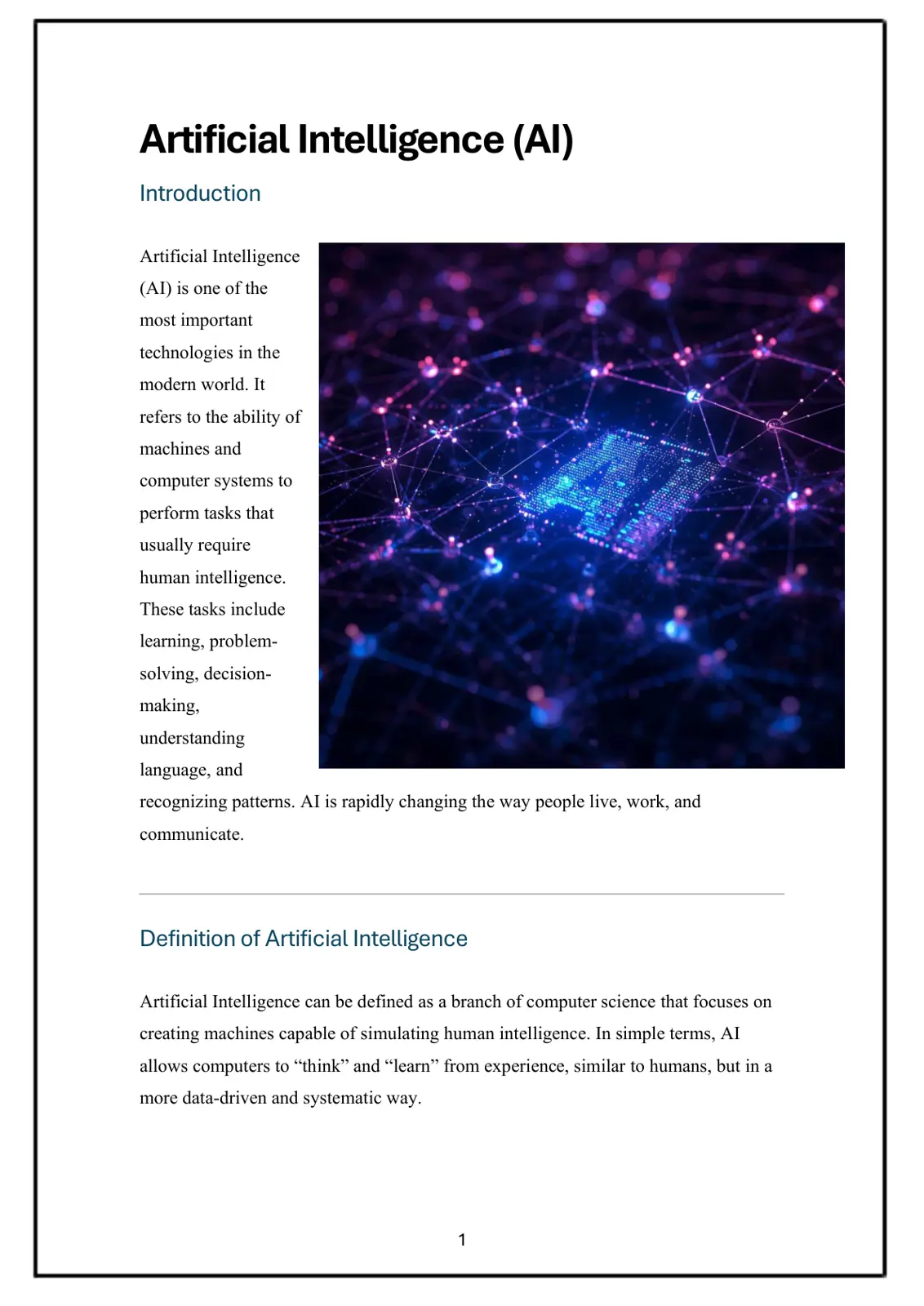 غلاف تقرير Artificial Intelligence (AI) Introduction