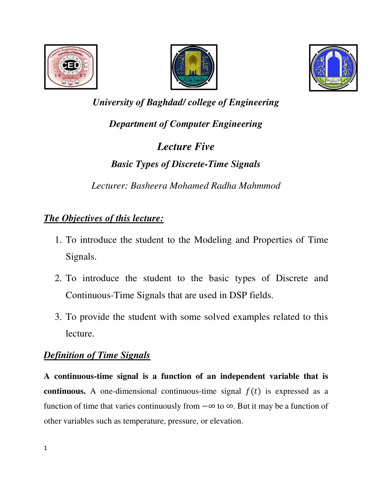 غلاف تقرير Basic Types of Discrete-Time Signals