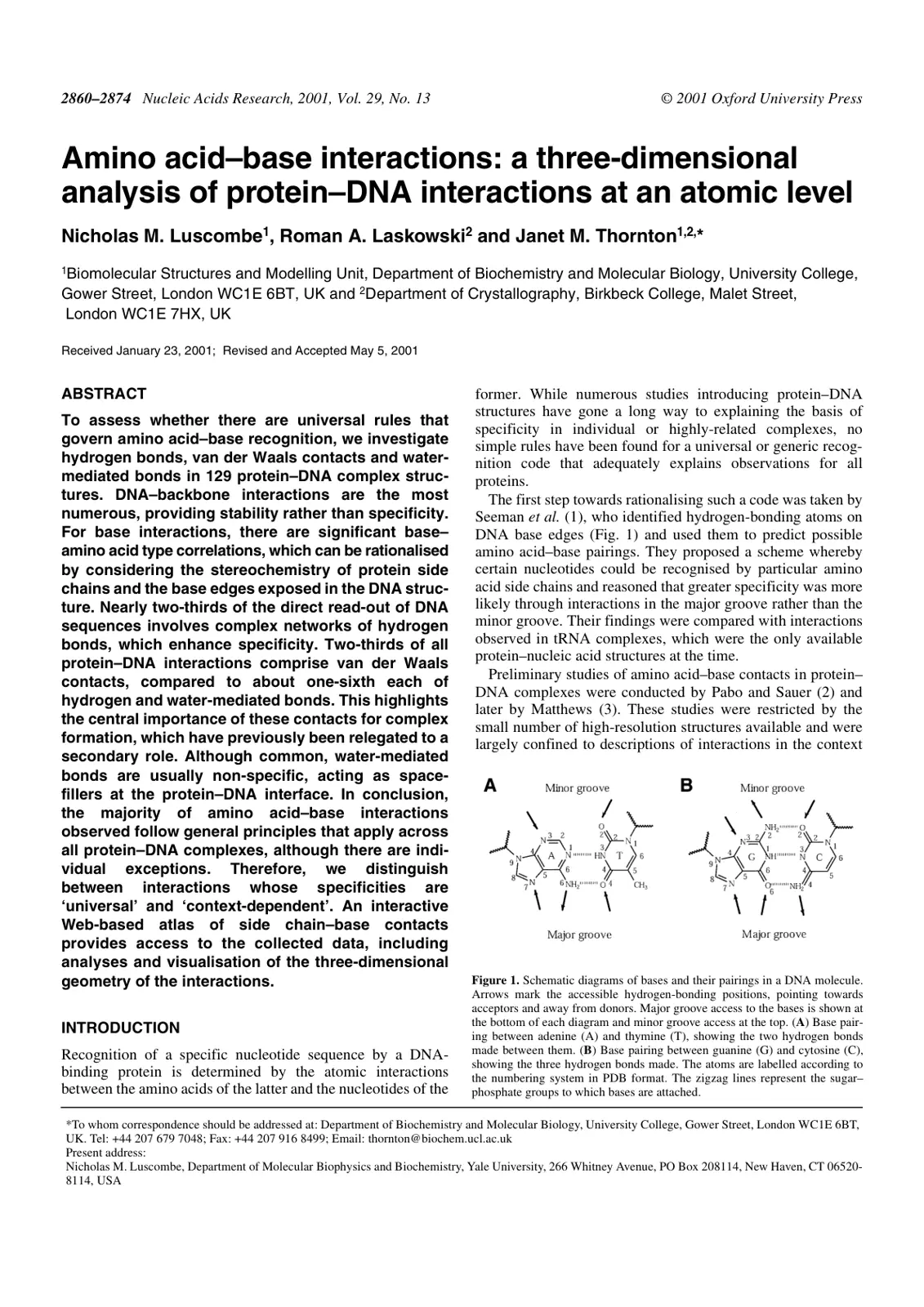 غلاف تقرير Amino acid-base interactions: a three-dimensional analysis of protein-DNA interactions at an atomic level