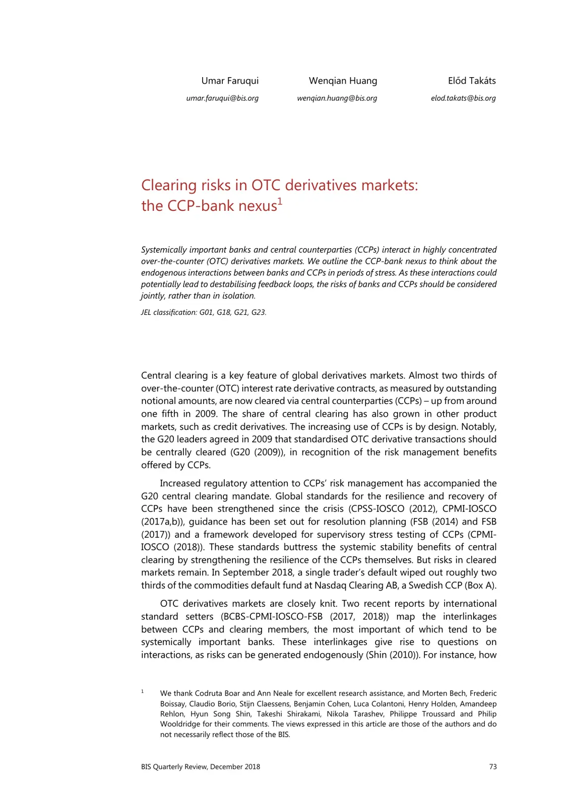 غلاف تقرير Clearing risks in OTC derivatives markets: the CCP-bank nexus¹