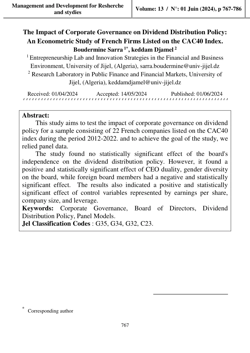 غلاف تقرير The Impact of Corporate Governance on Dividend Distribution Policy: An Econometric Study of French Firms Listed on the CAC40 Index