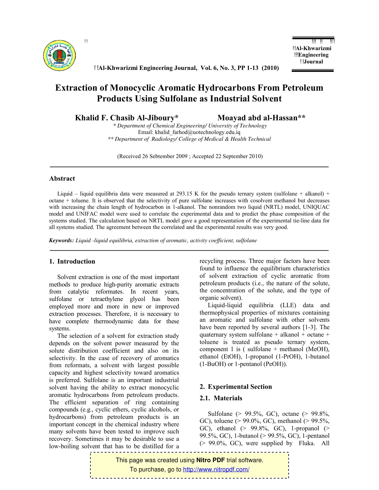 غلاف تقرير Extraction of Monocyclic Aromatic Hydrocarbons From Petroleum Products Using Sulfolane as Industrial Solvent