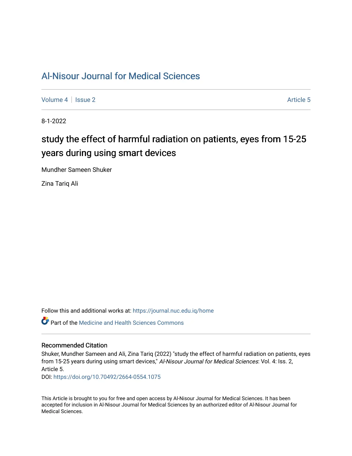 غلاف تقرير Study the Effect of Harmful Radiation on Patients' Eyes from 15-25 Years During Using Smart Devices