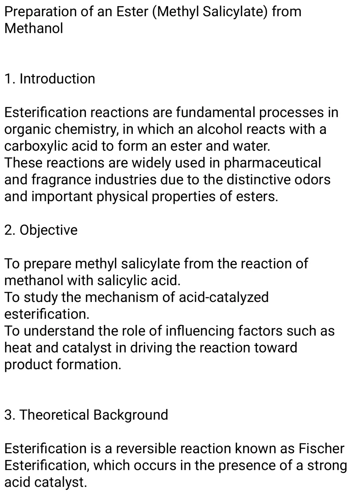 غلاف تقرير Preparation of an Ester (Methyl Salicylate) from Methanol
