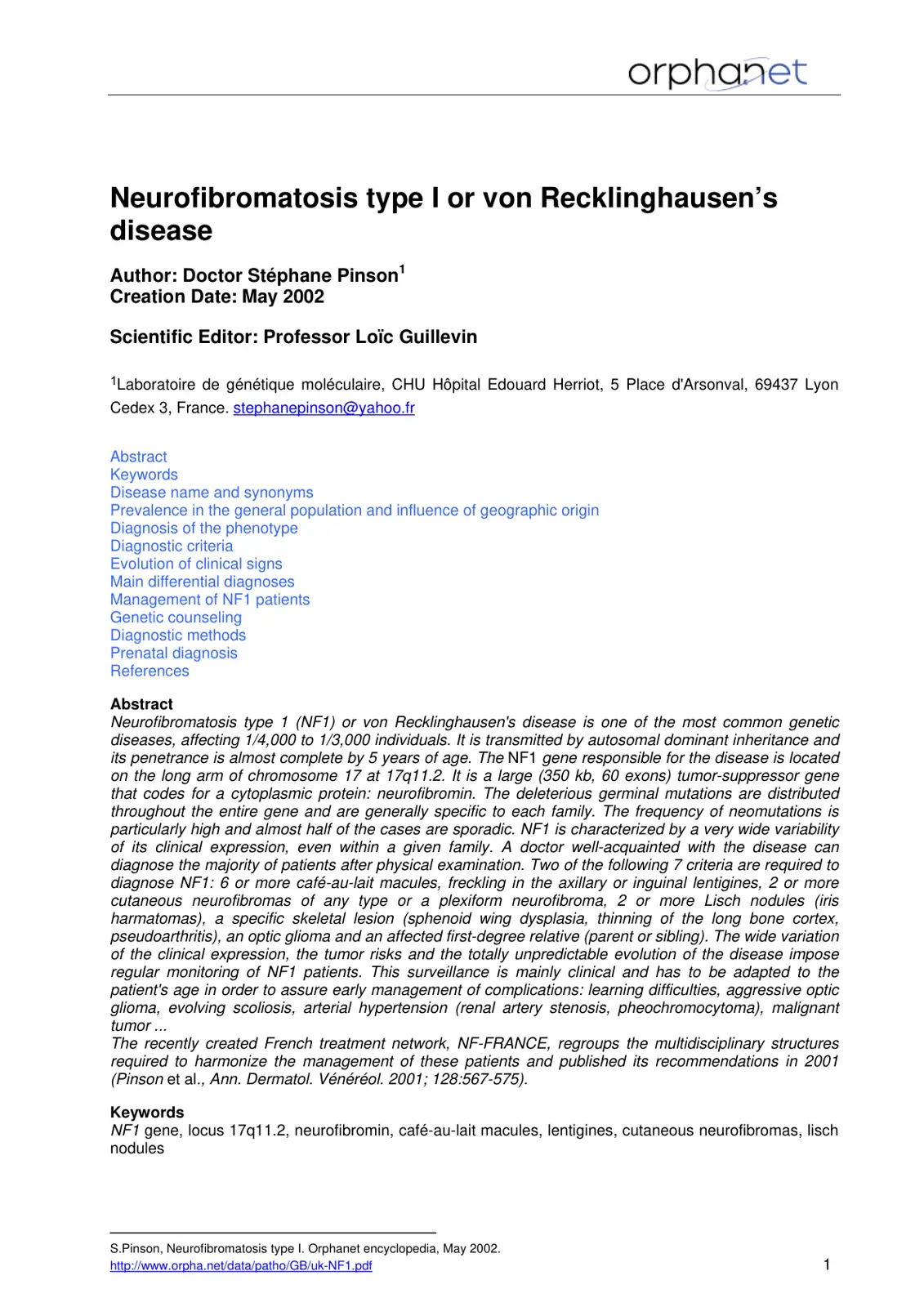 غلاف تقرير Neurofibromatosis type I or von Recklinghausen's disease