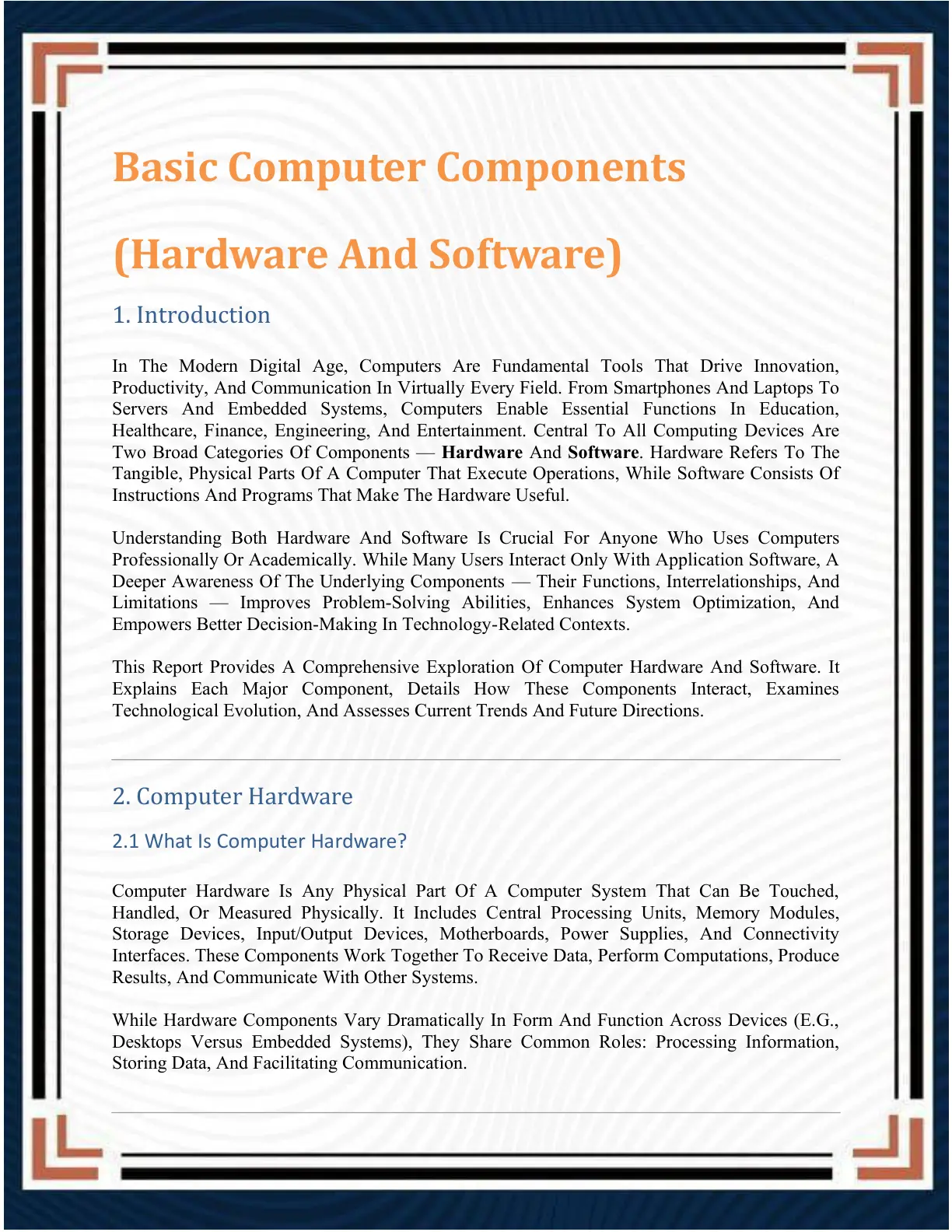 غلاف تقرير Basic Computer Components (Hardware and Software)