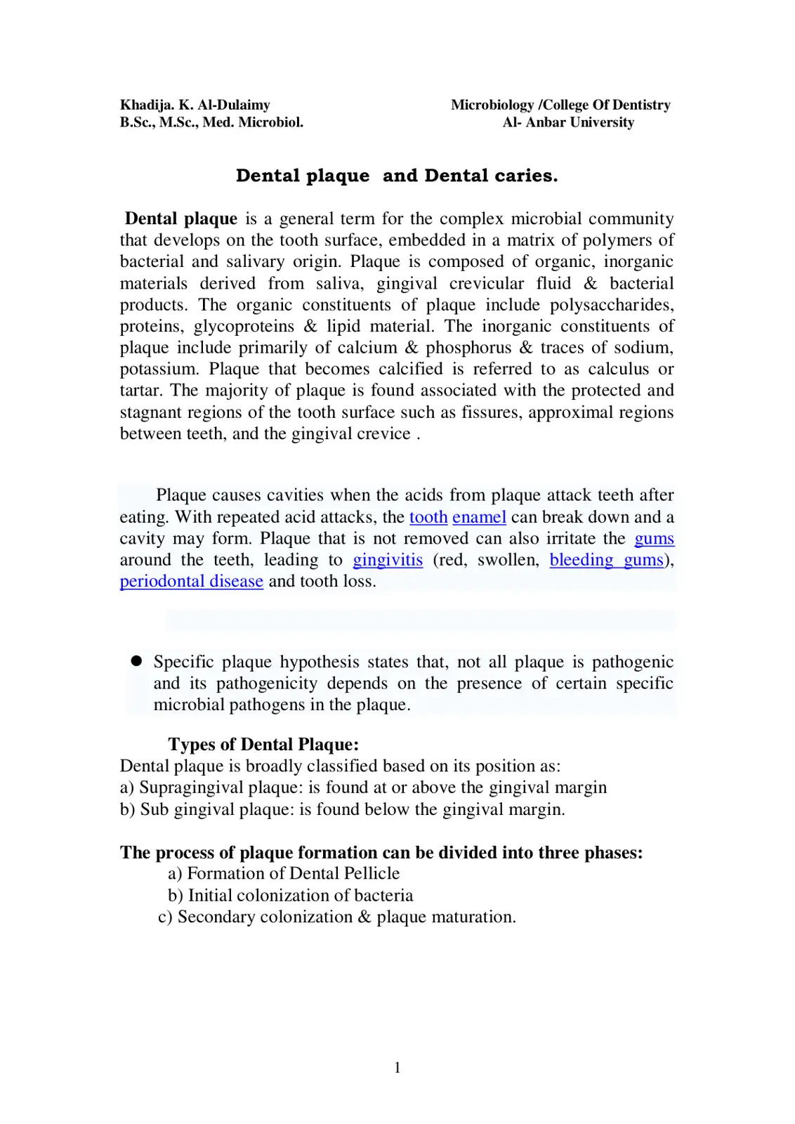 غلاف تقرير Dental plaque and Dental caries