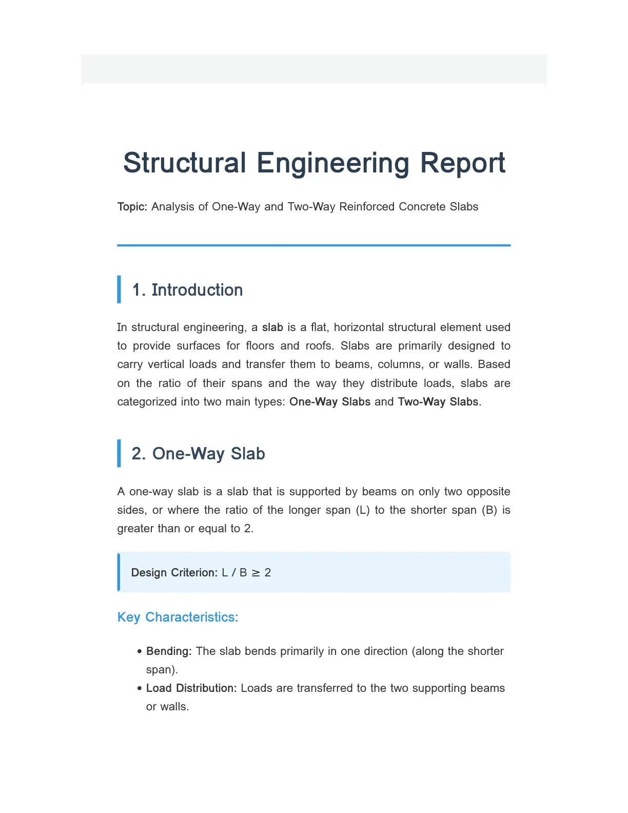 غلاف تقرير Structural Engineering Report: Analysis of One-Way and Two-Way Reinforced Concrete Slabs