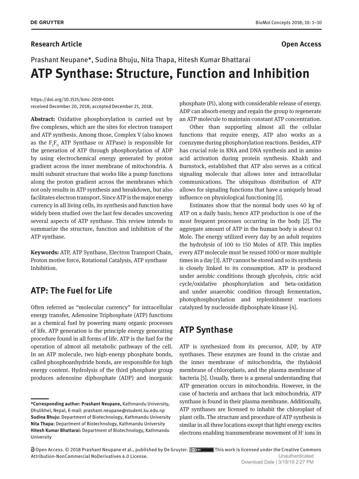 غلاف تقرير ATP Synthase: Structure, Function and Inhibition