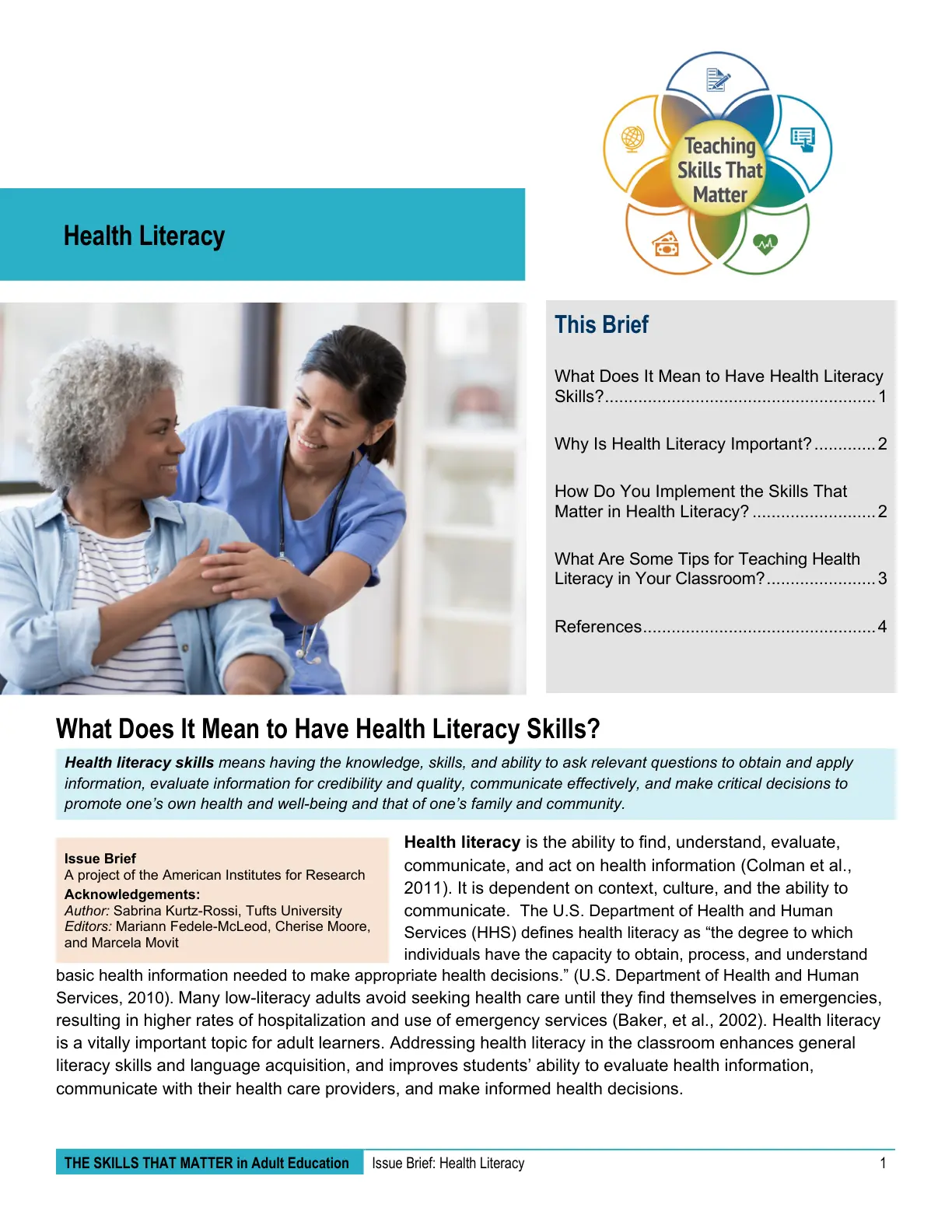 غلاف تقرير Health Literacy Teaching Skills That Matter