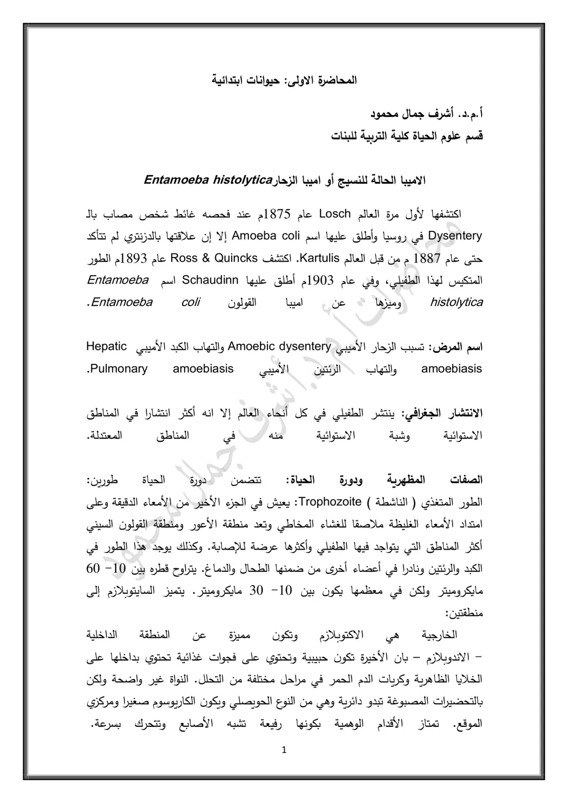 غلاف تقرير المحاضرة الاولى: حيوانات ابتدائية