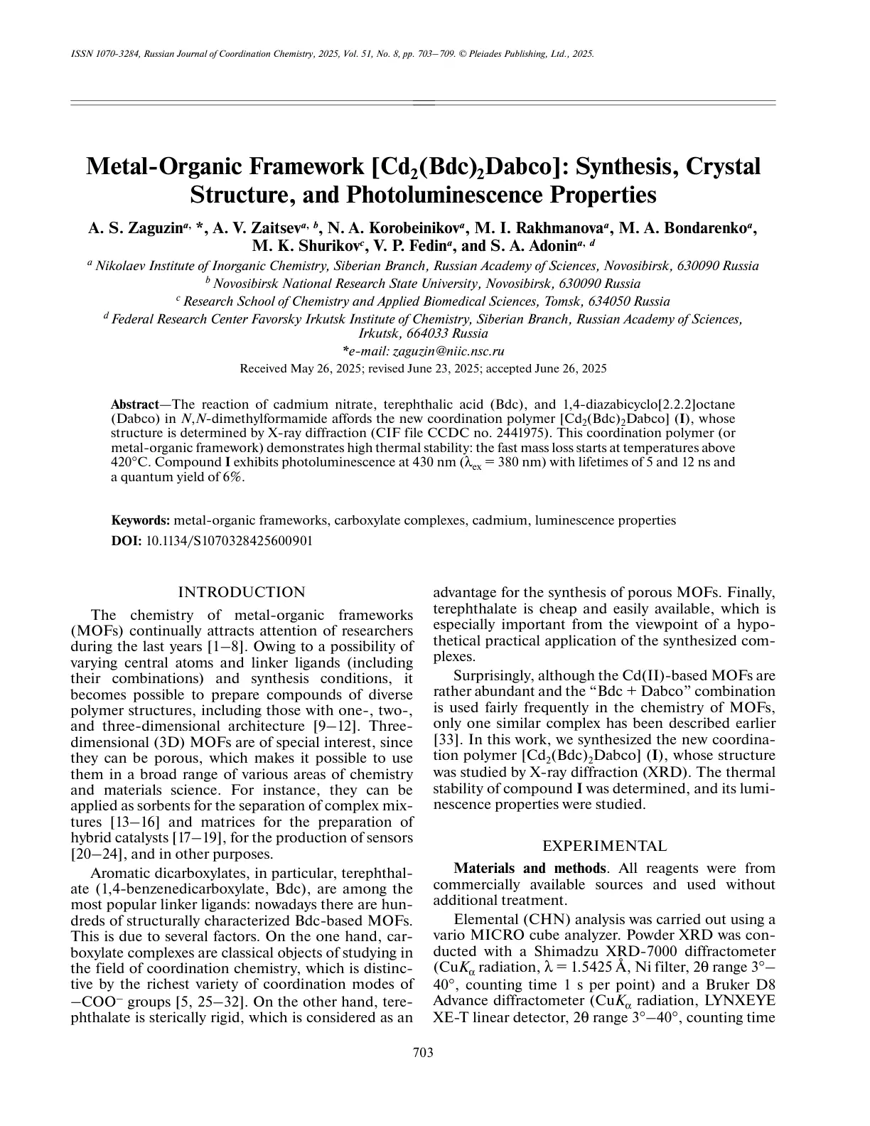غلاف تقرير Metal-Organic Framework [Cd2(Bdc)₂Dabco]: Synthesis, Crystal Structure, and Photoluminescence Properties