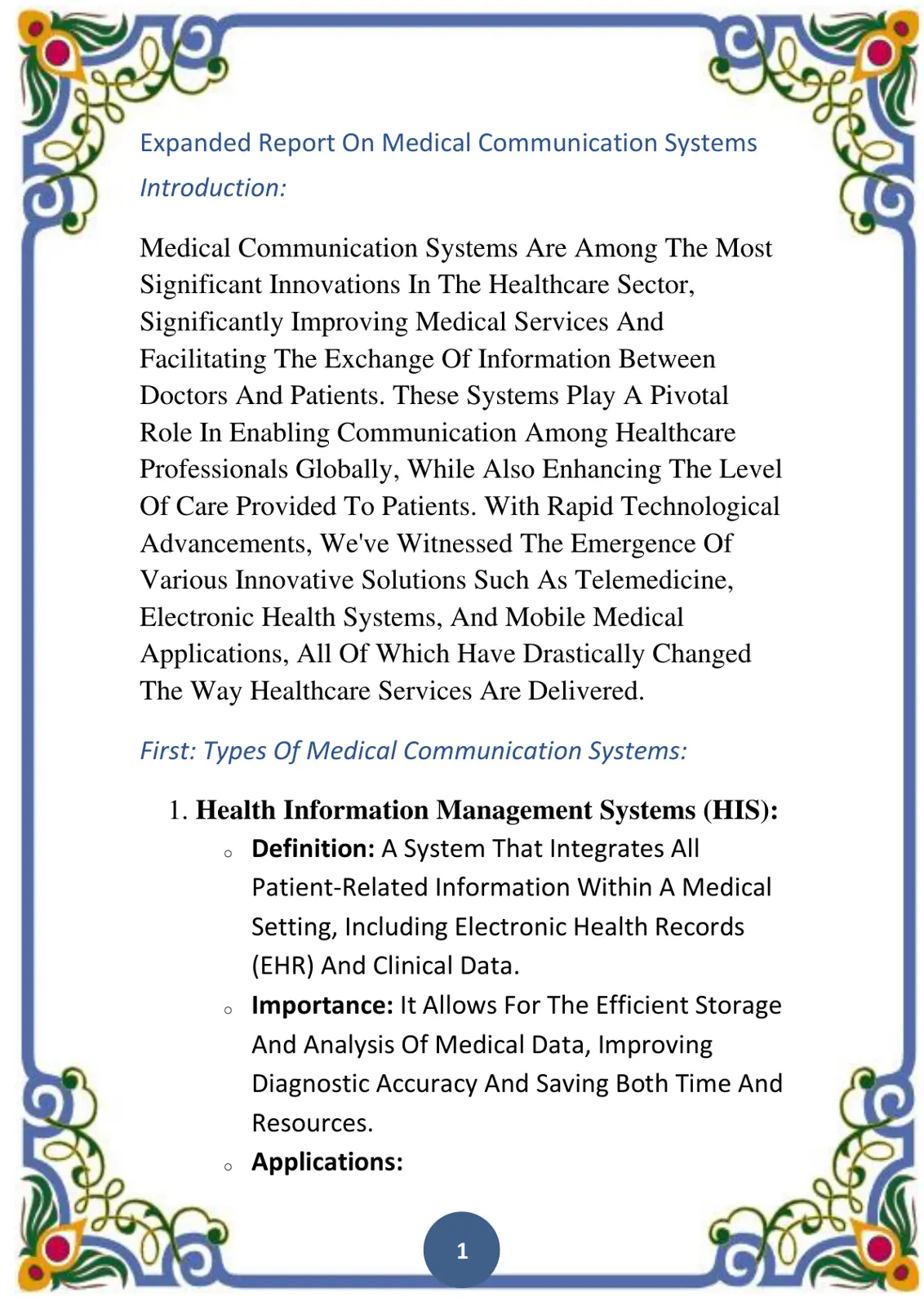 غلاف تقرير Expanded Report On Medical Communication Systems