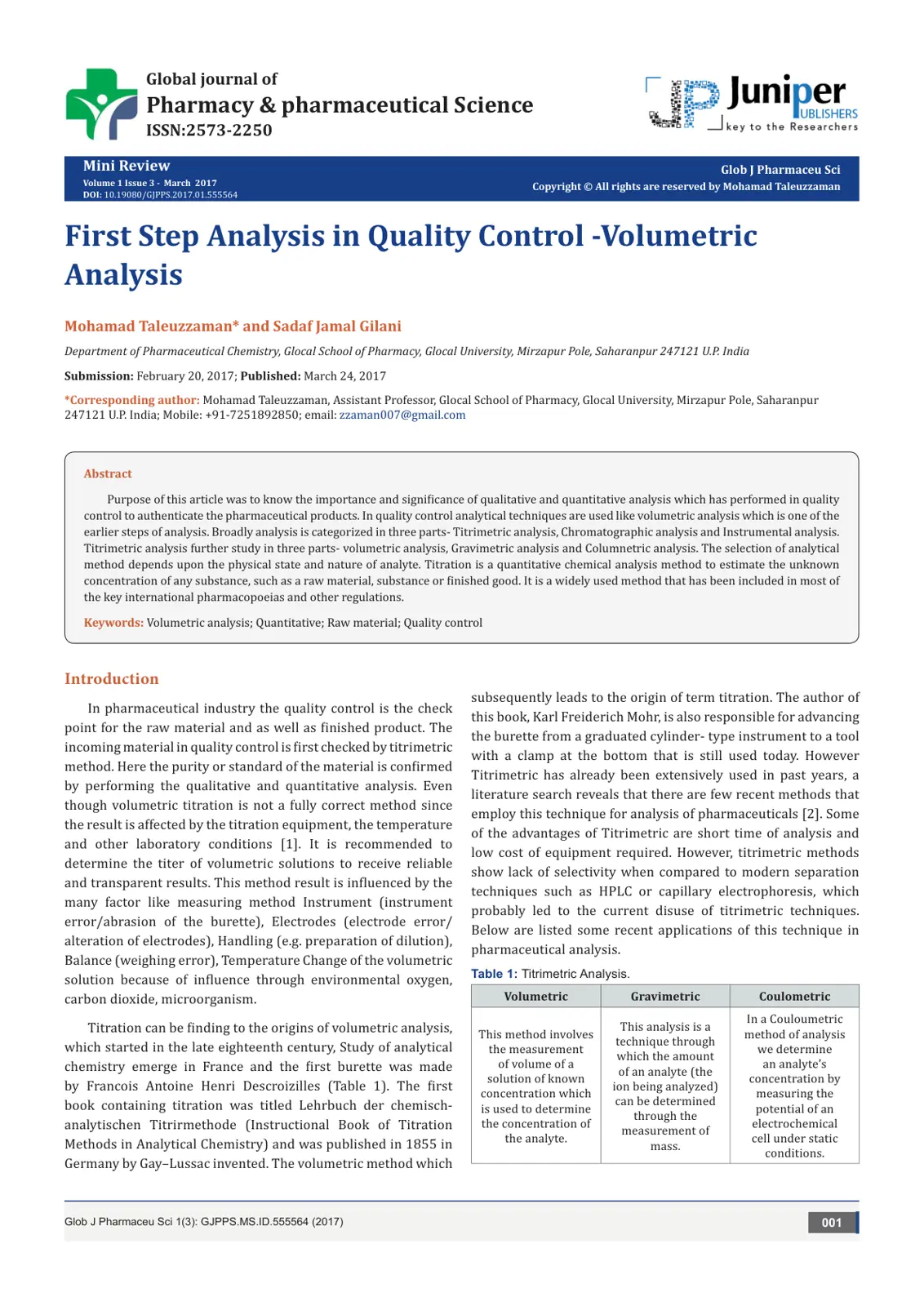 غلاف تقرير First Step Analysis in Quality Control - Volumetric Analysis