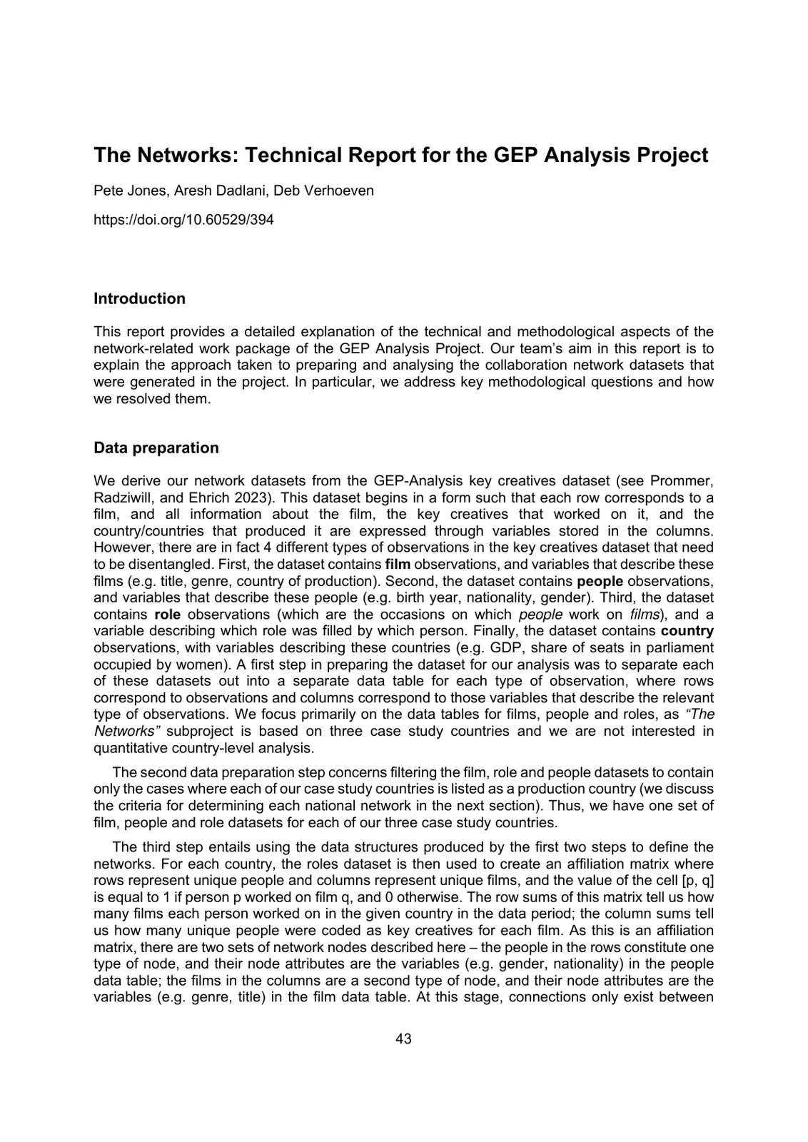 غلاف تقرير The Networks: Technical Report for the GEP Analysis Project