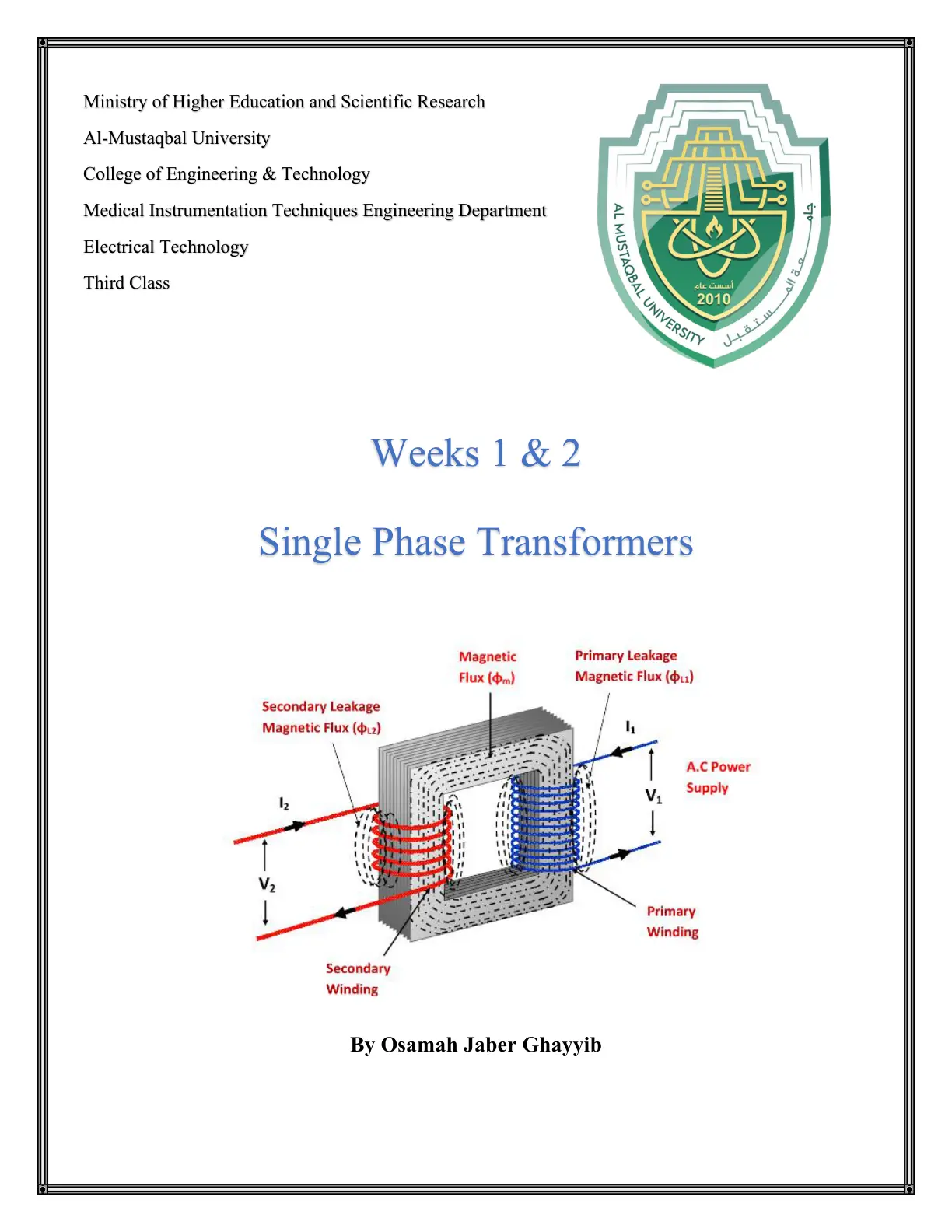 غلاف تقرير Electrical Technology: Single Phase Transformers