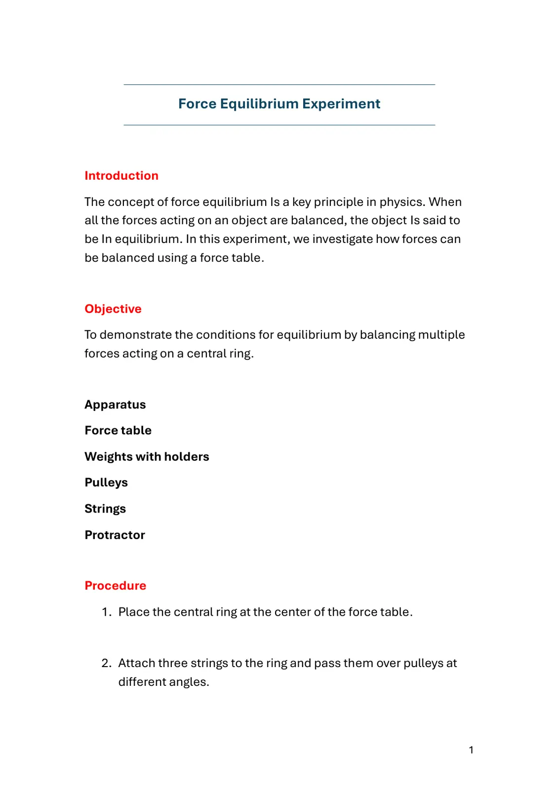 غلاف تقرير Force Equilibrium Experiment