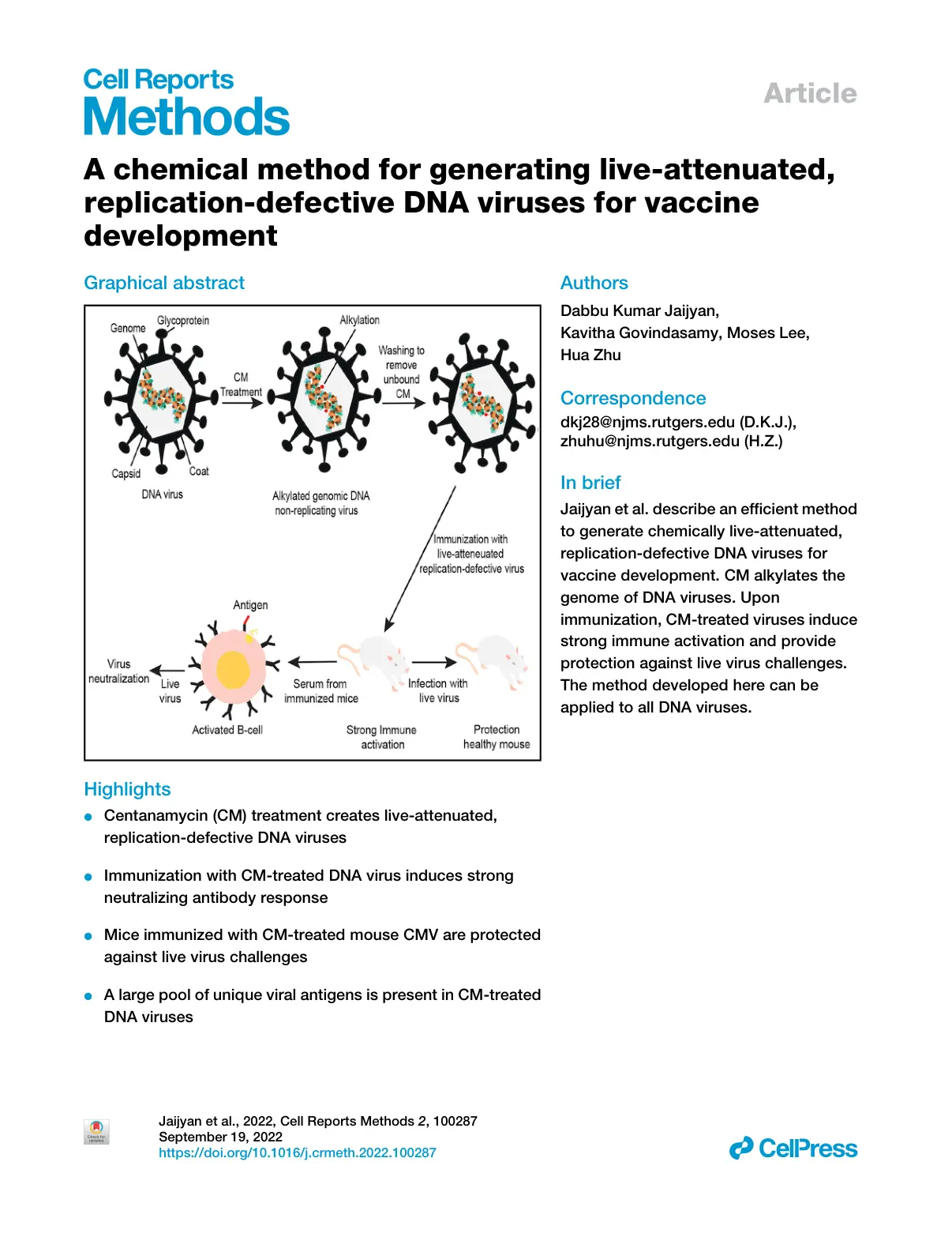 غلاف تقرير A chemical method for generating live-attenuated, replication-defective DNA viruses for vaccine development